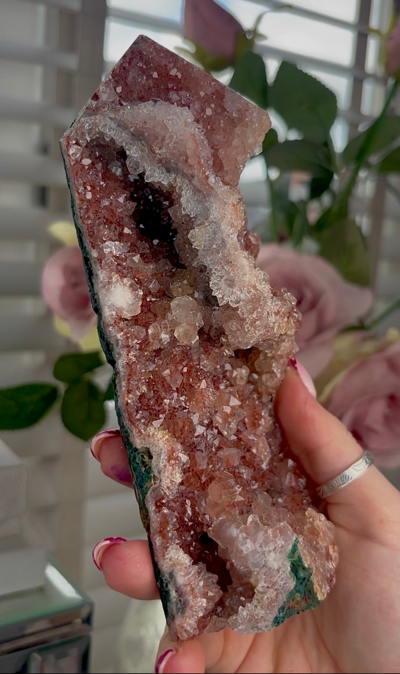 Hq Druzy Pink amethyst tower & jasper In golden and reddish tones