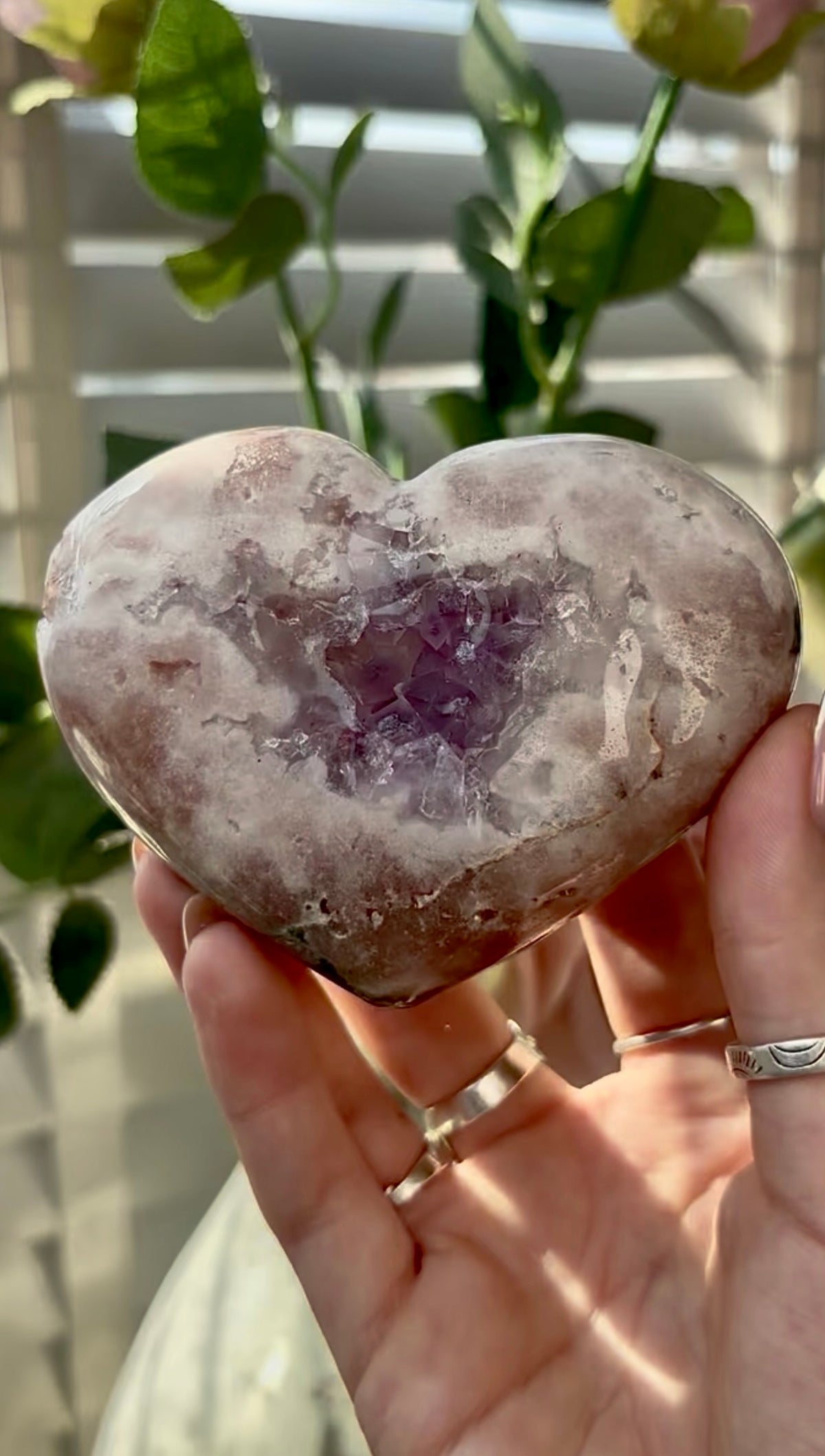 Gorgeous, pink amethyst  heart with Jasper -comes with stand