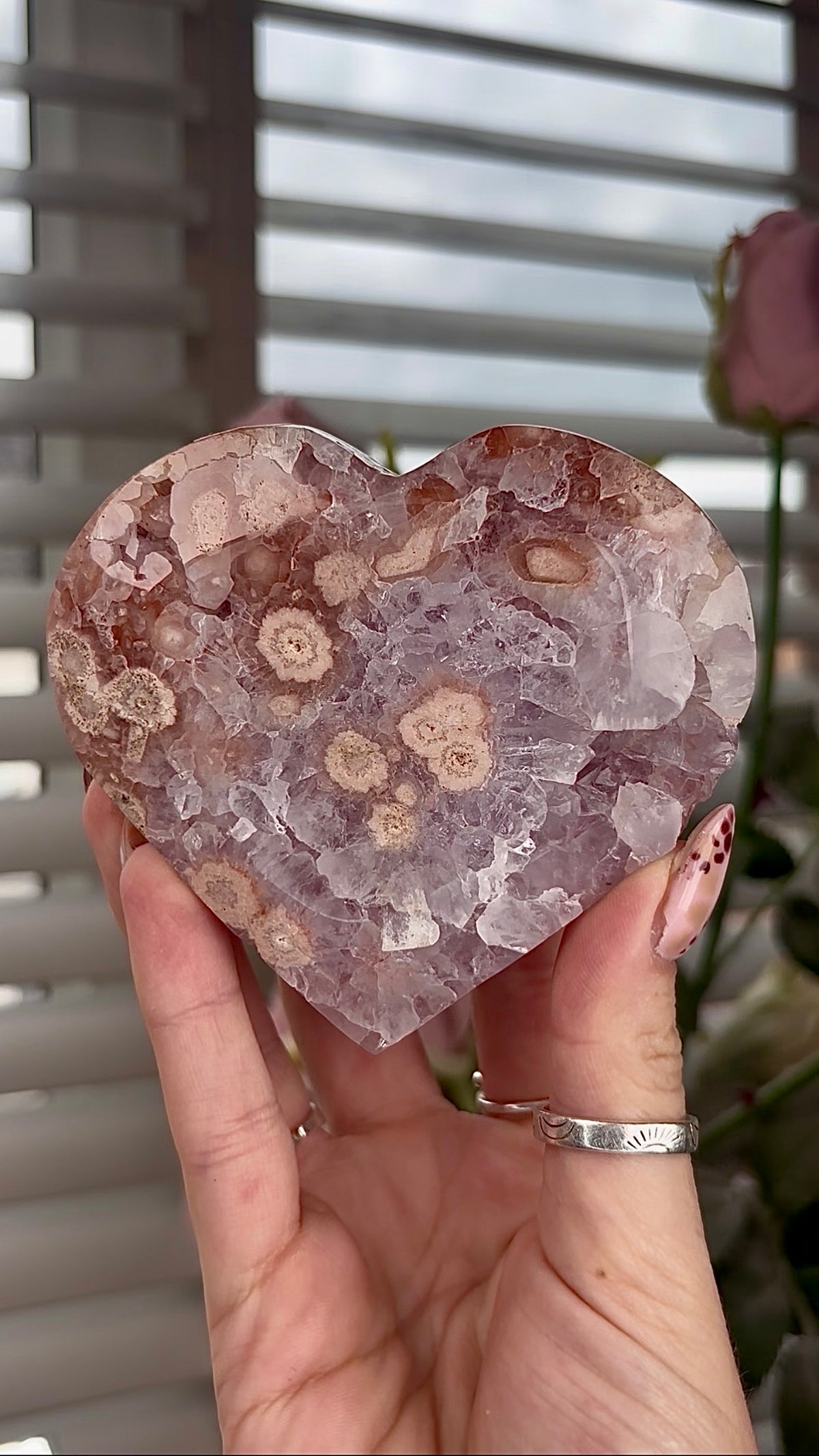 High grade, amethyst Flower agate heart with high clarity quartz