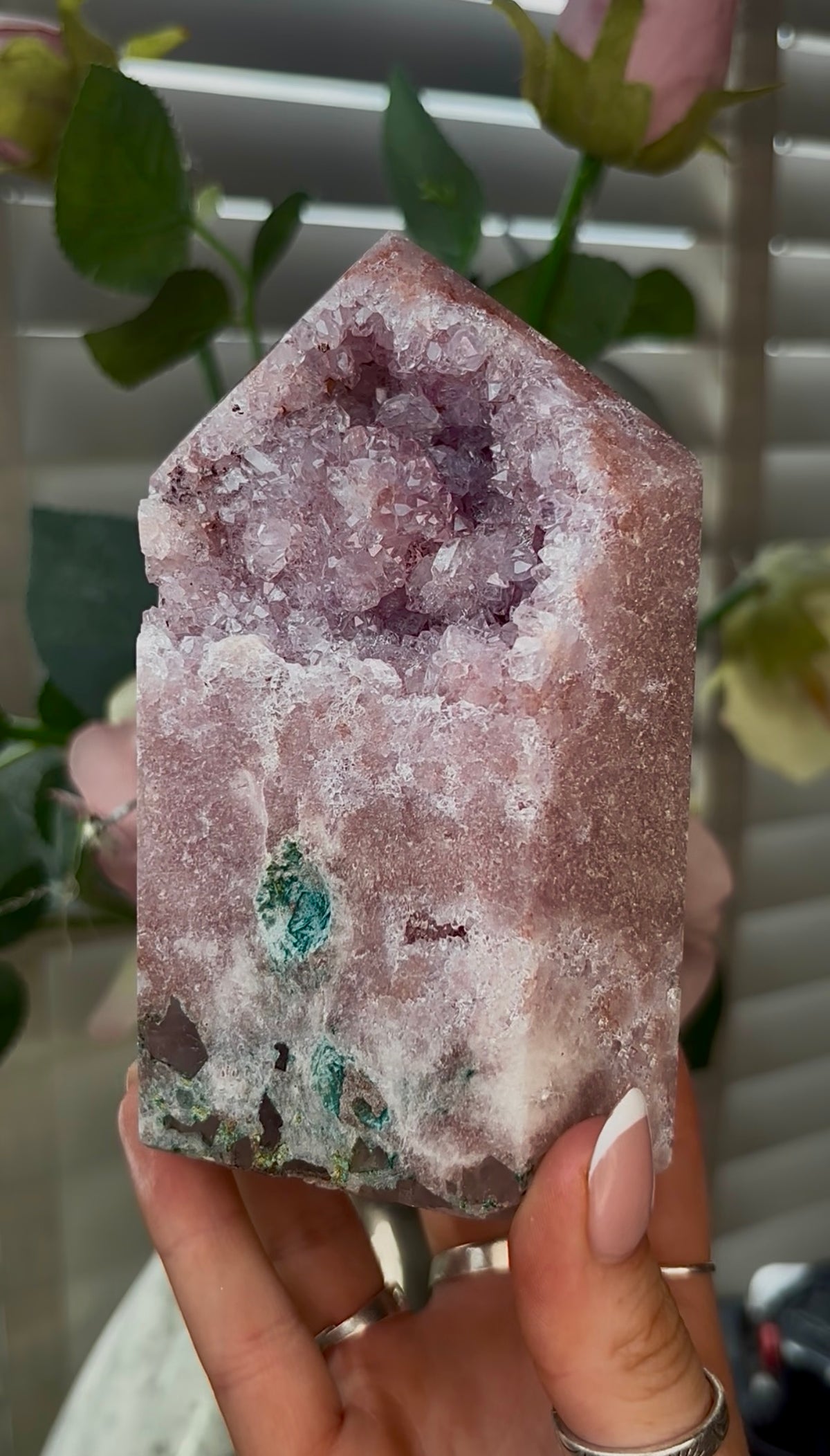 Beautiful, hq, druzy, chunky Pink amethyst tower 12.7cm(h) by 8.2cm(w)