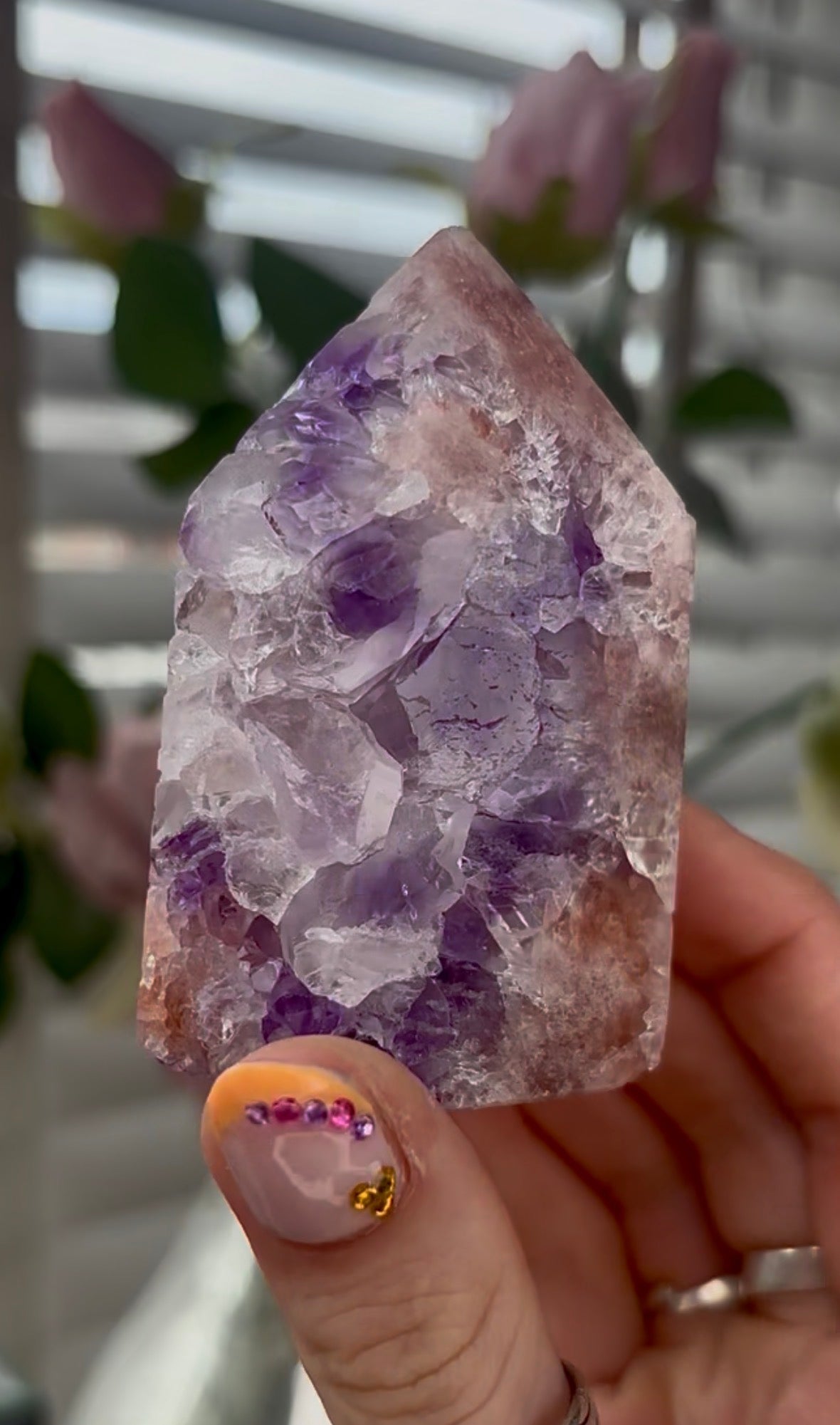 High quality, Pink amethyst tower, with purple quartz druzy
