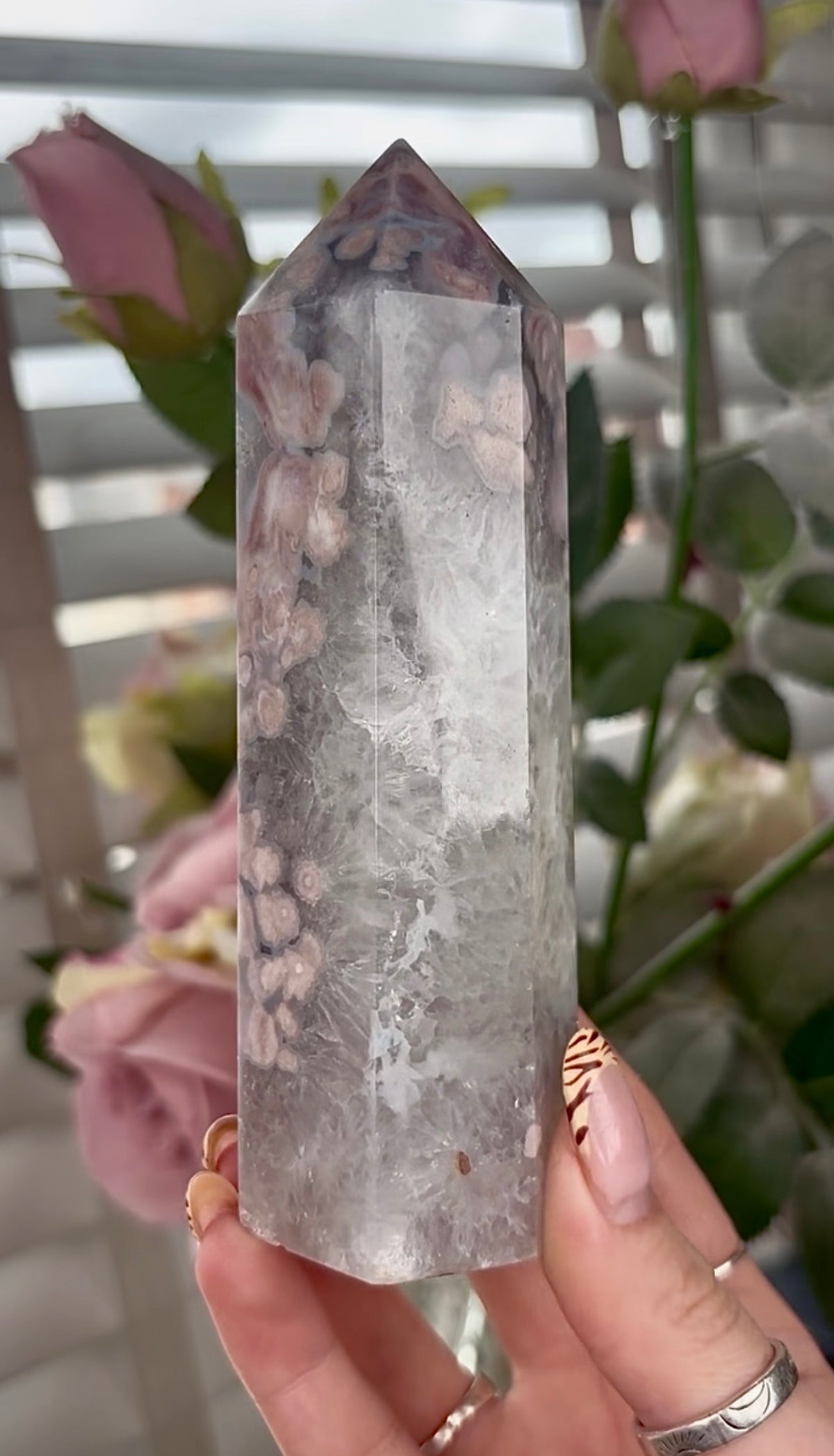Stunning!! Super high quality, Druzy, green chlorite x blue flower agate tower