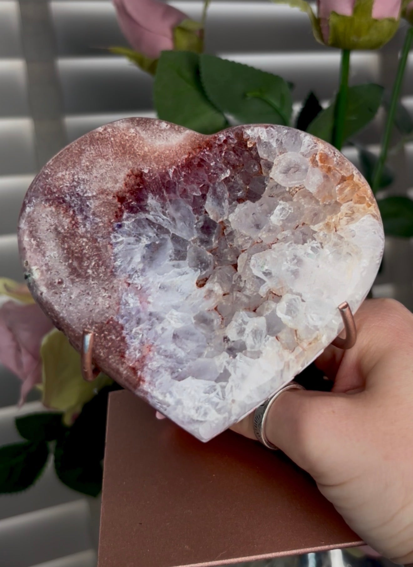 pink amethyst heart with quartz Druze- comes with stand
