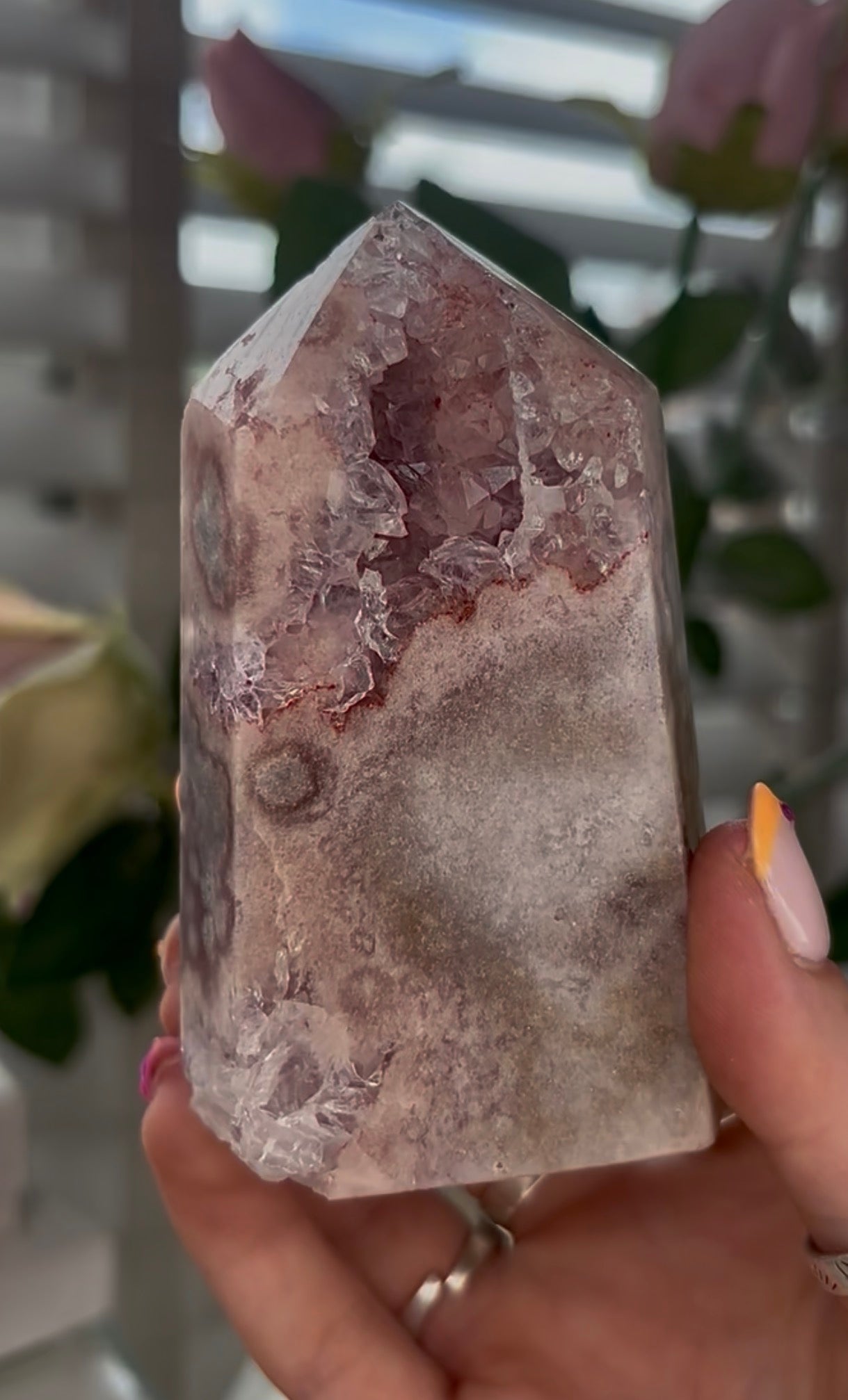 Beautiful, Pink amethyst tower with quartz druzy