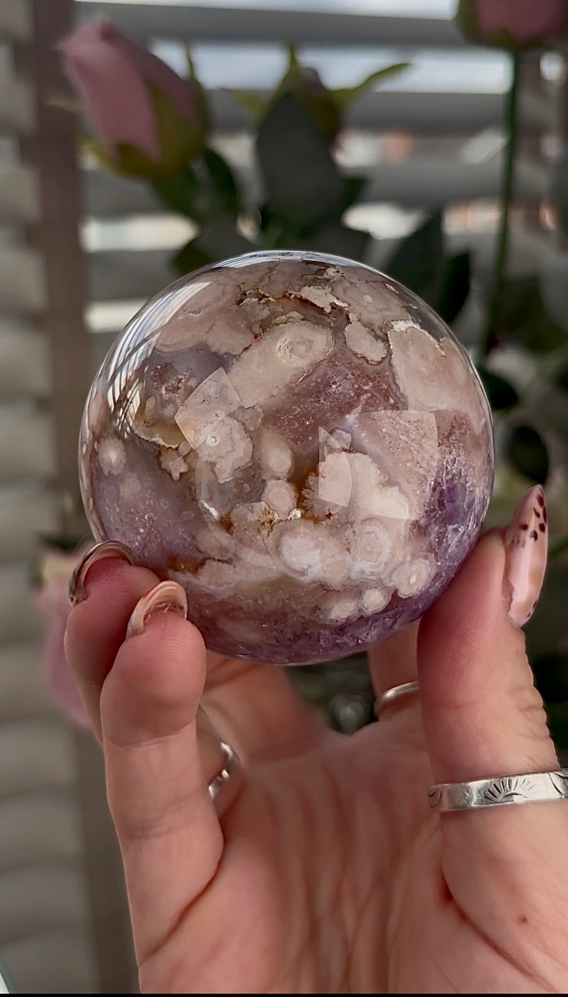 High grade, amethyst Flower agate sphere with high clarity quartz