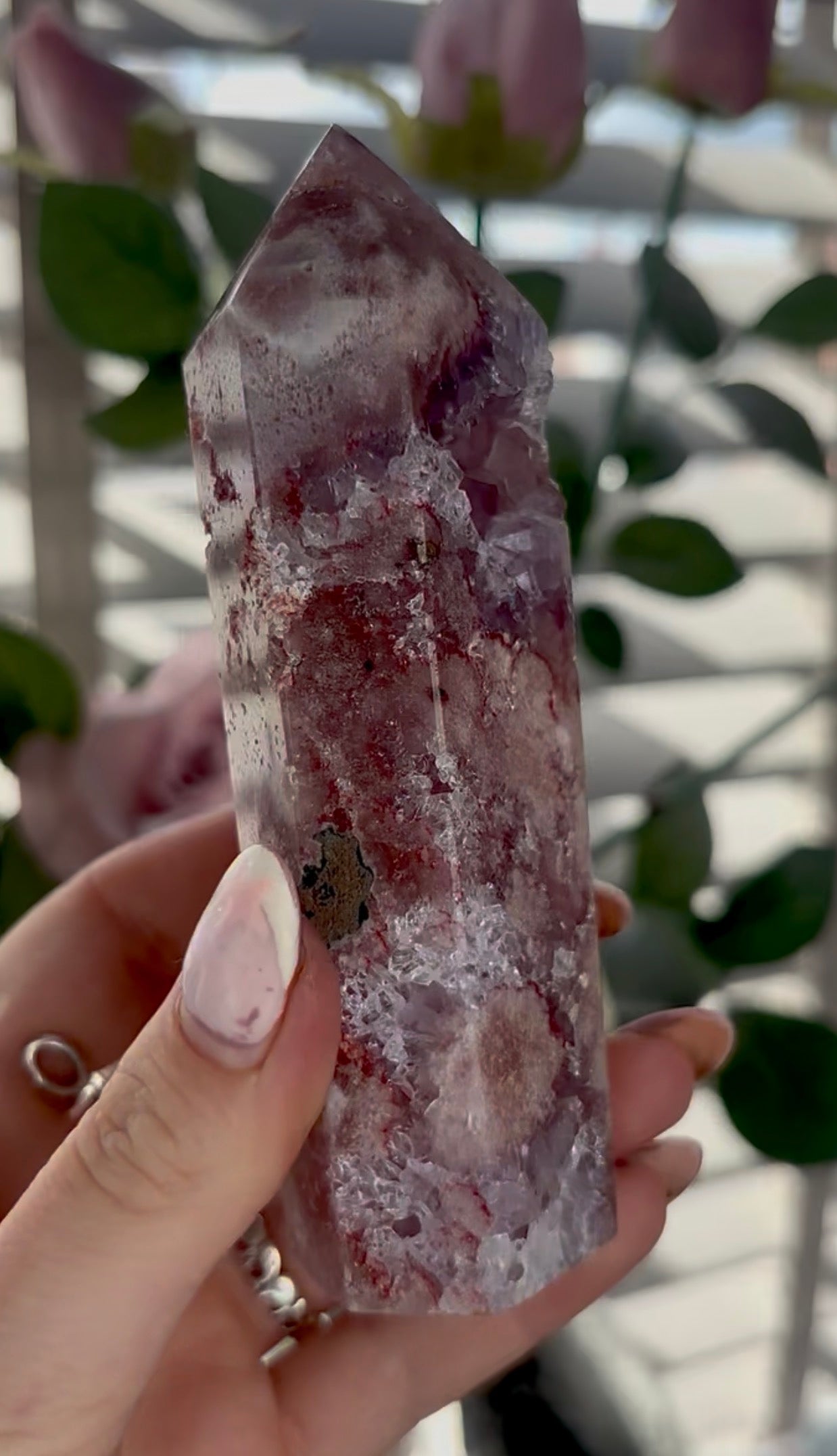 Beautiful, high quality, Pink amethyst tower with purple quartz