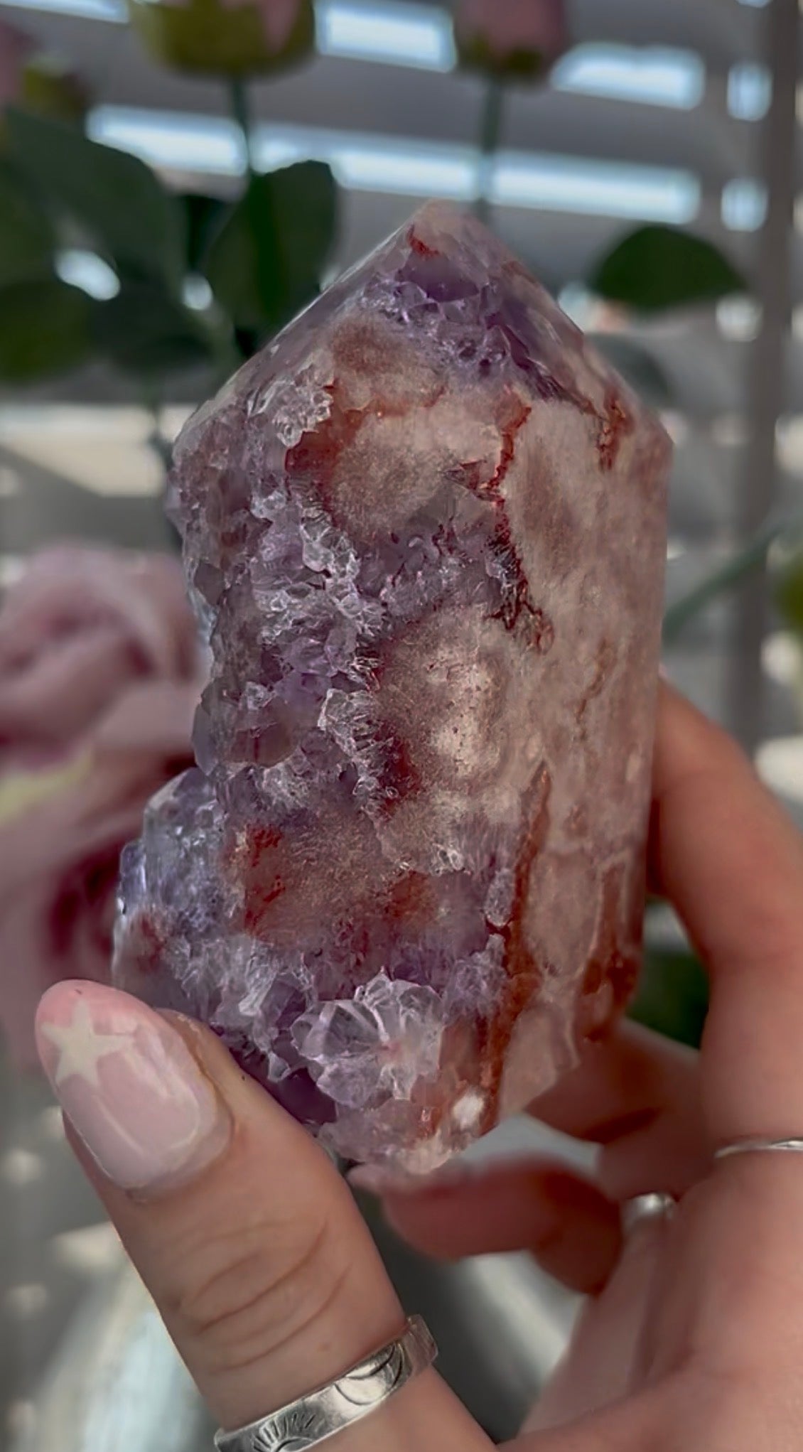 Beautiful, high quality, Pink amethyst tower with red tones & purple quartz 9.2cm