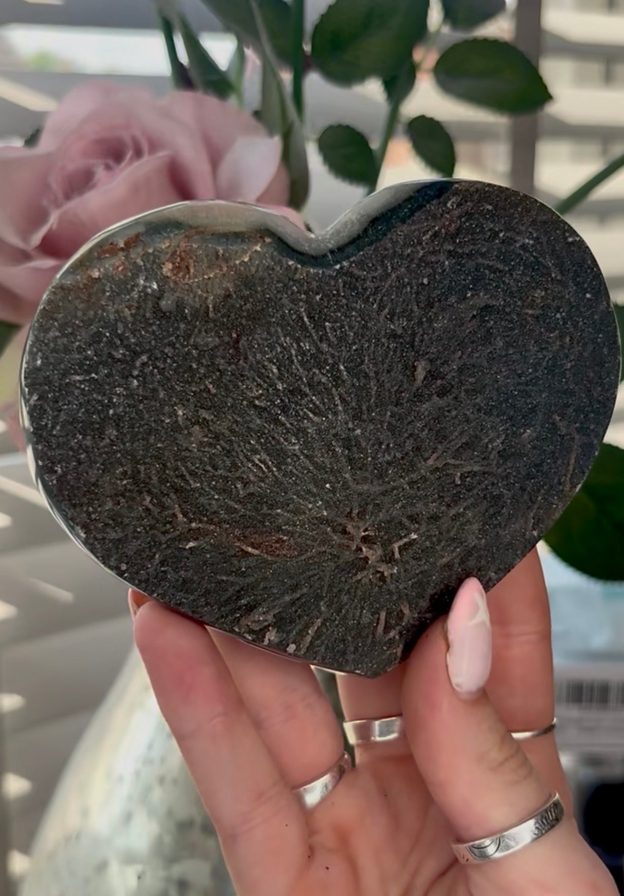 Uruguay, black amethyst heart - comes with stand