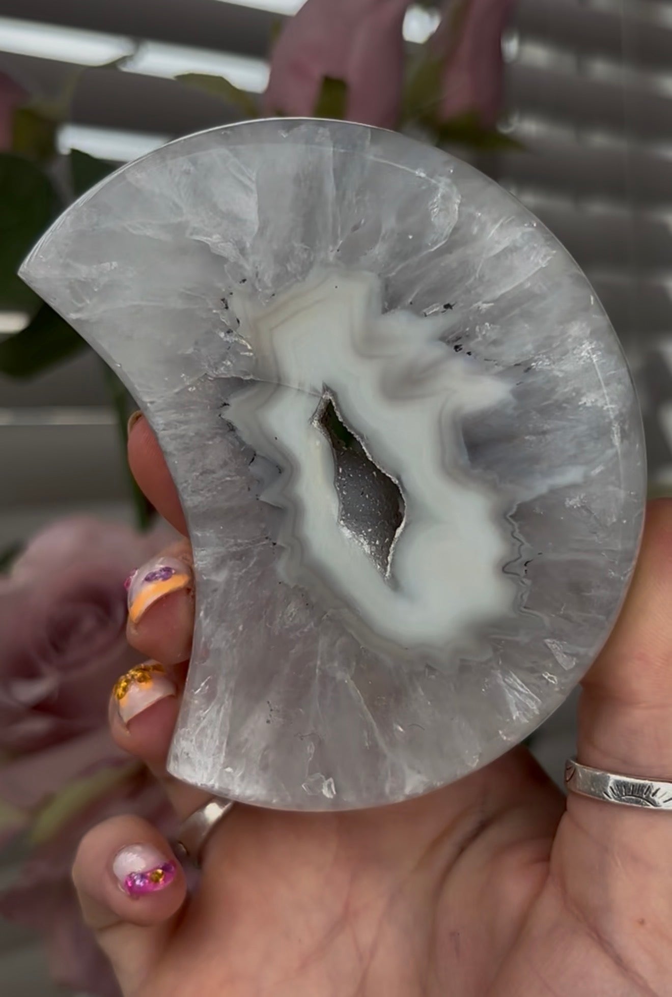 Beautiful, high grade, agate moon with druzy - comes with stand