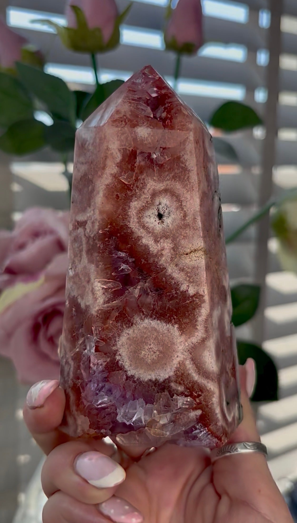 Beautiful, high quality, Pink amethyst tower with red tones & purple quartz 12.8cm