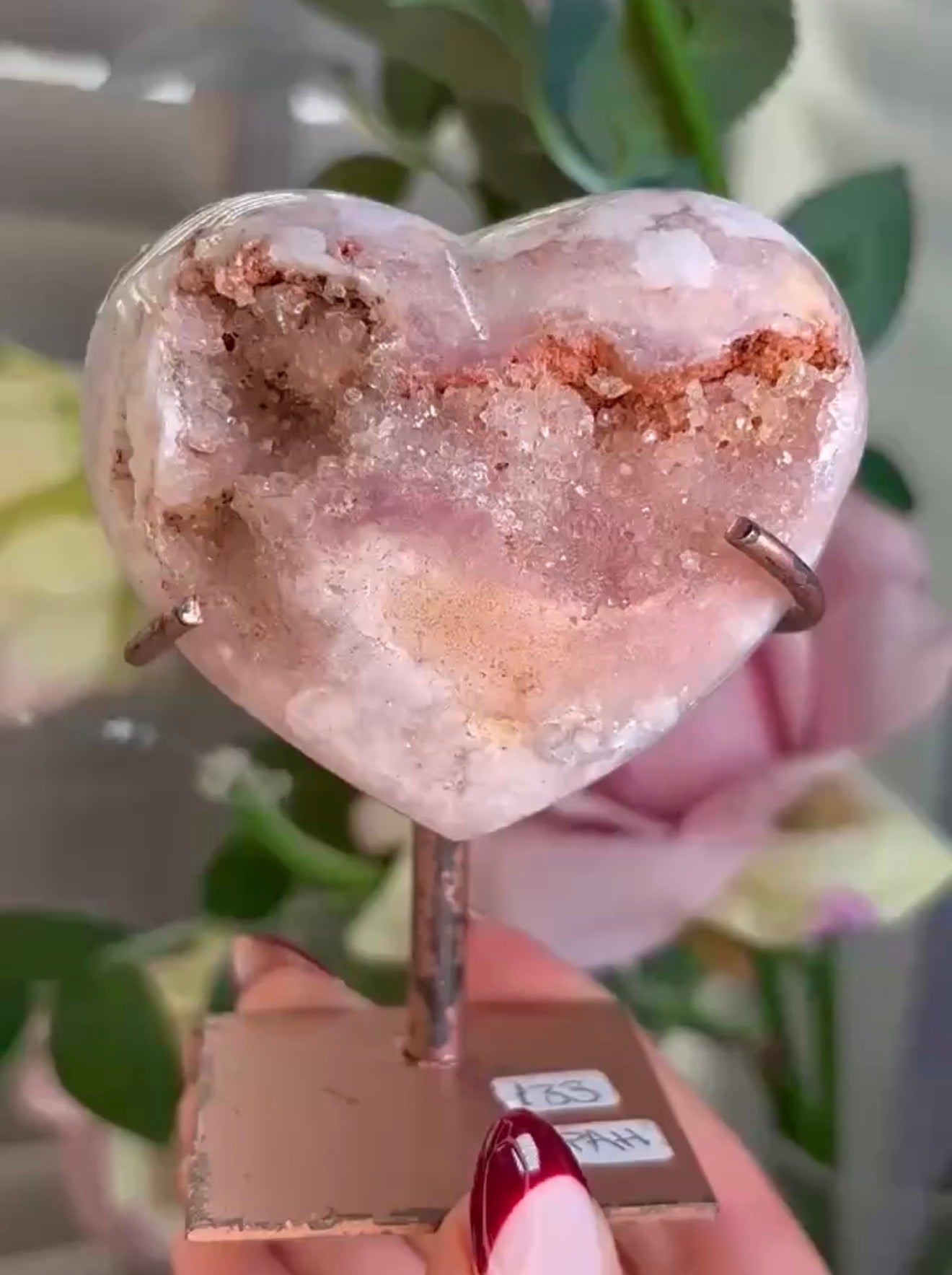 pink amethyst heart - comes with stand
