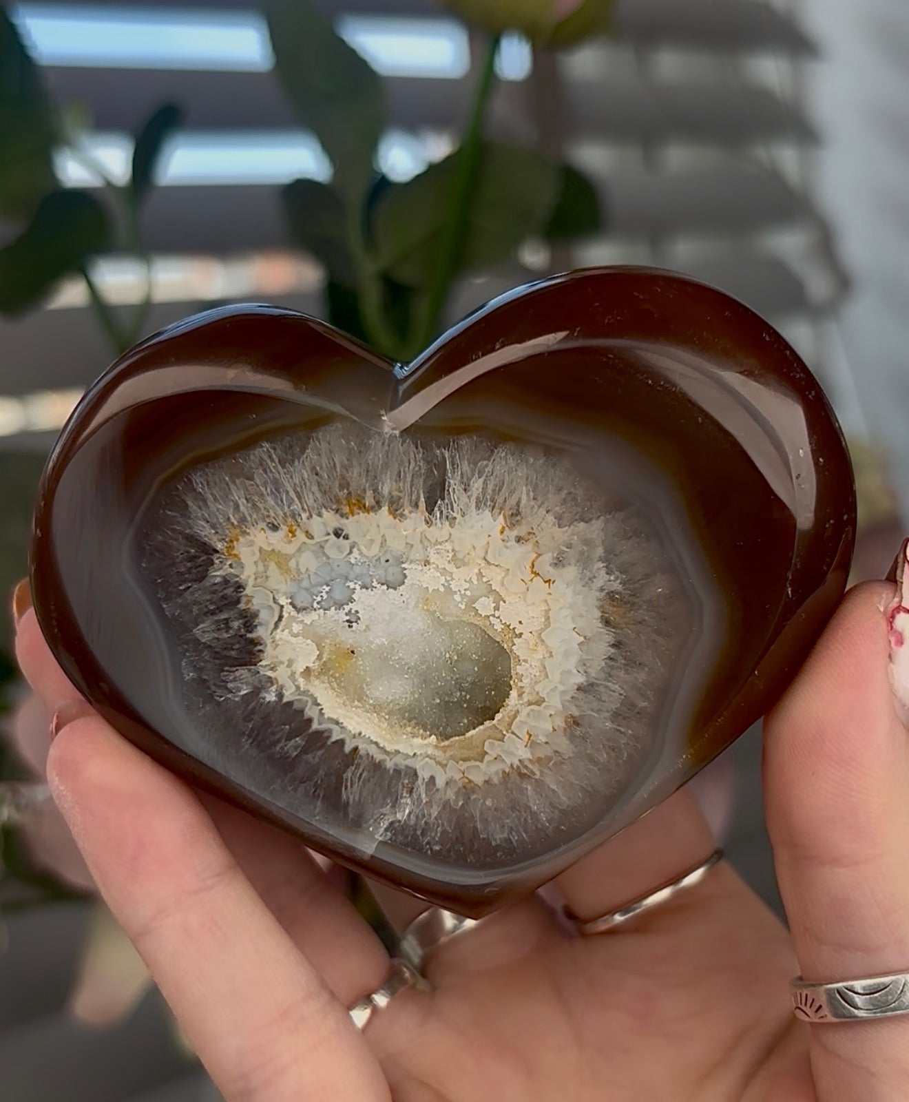Beautiful, chocolate agate heart with druzy - stand included
