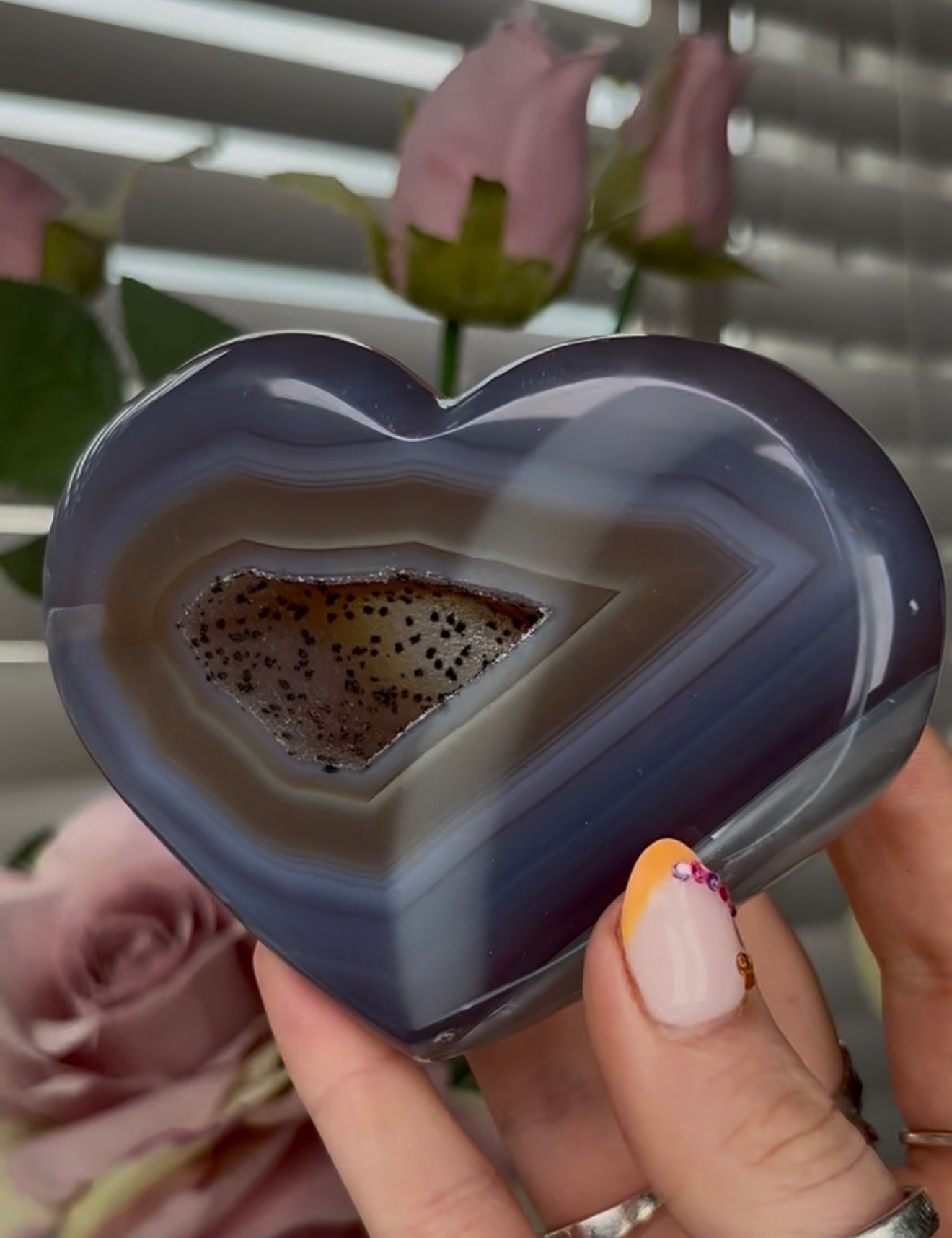 Beautiful, high grade, blue agate heart with druzy - comes with stand