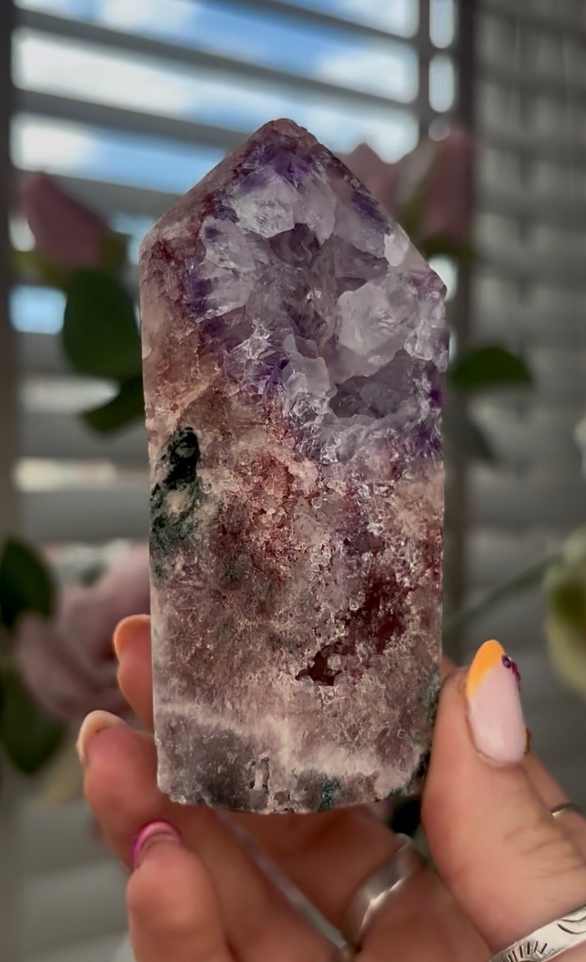 Beautiful, high quality, Pink amethyst tower with purple & quartz druzy with green jasper