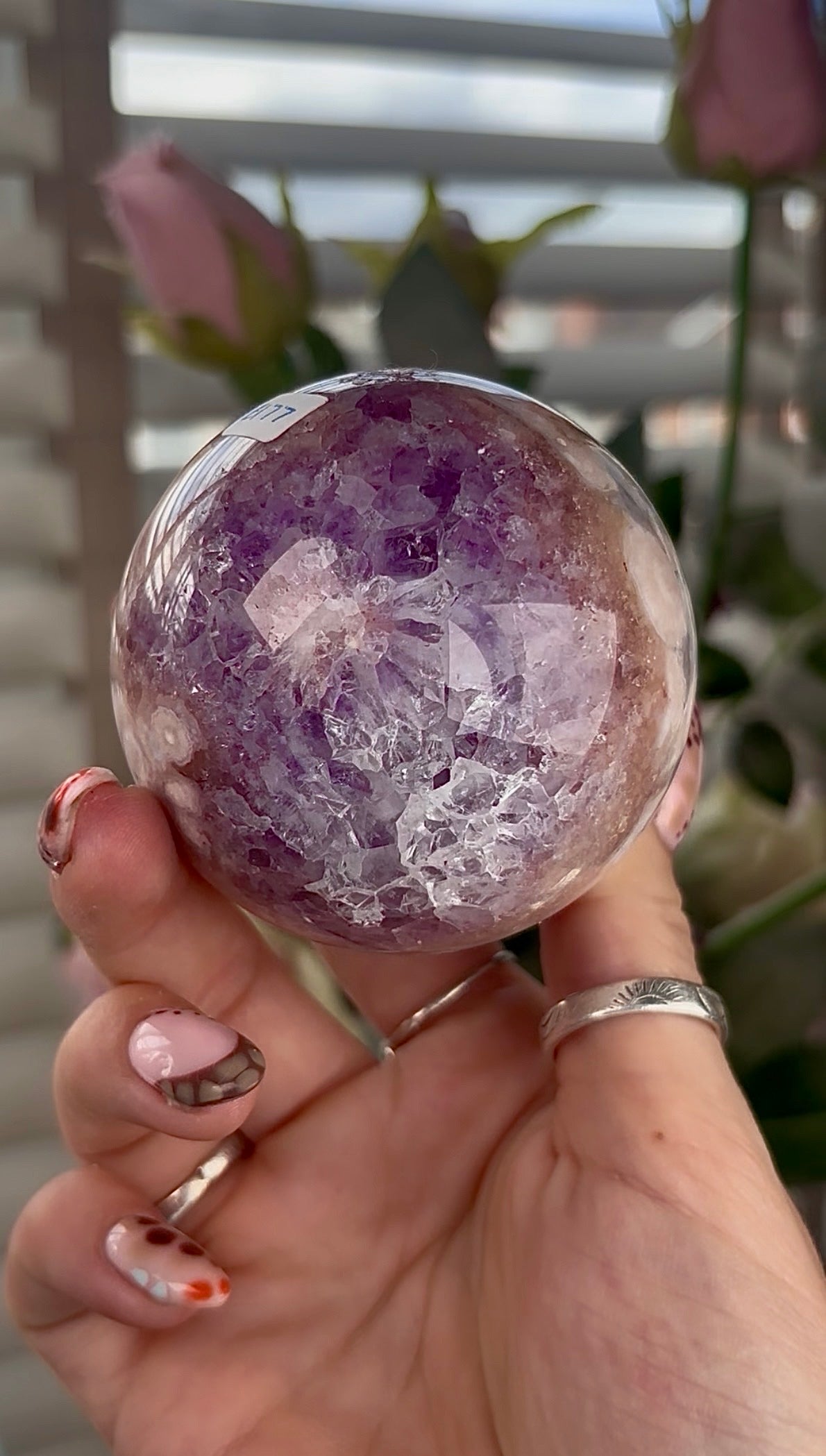 High grade, amethyst Flower agate sphere with high clarity quartz