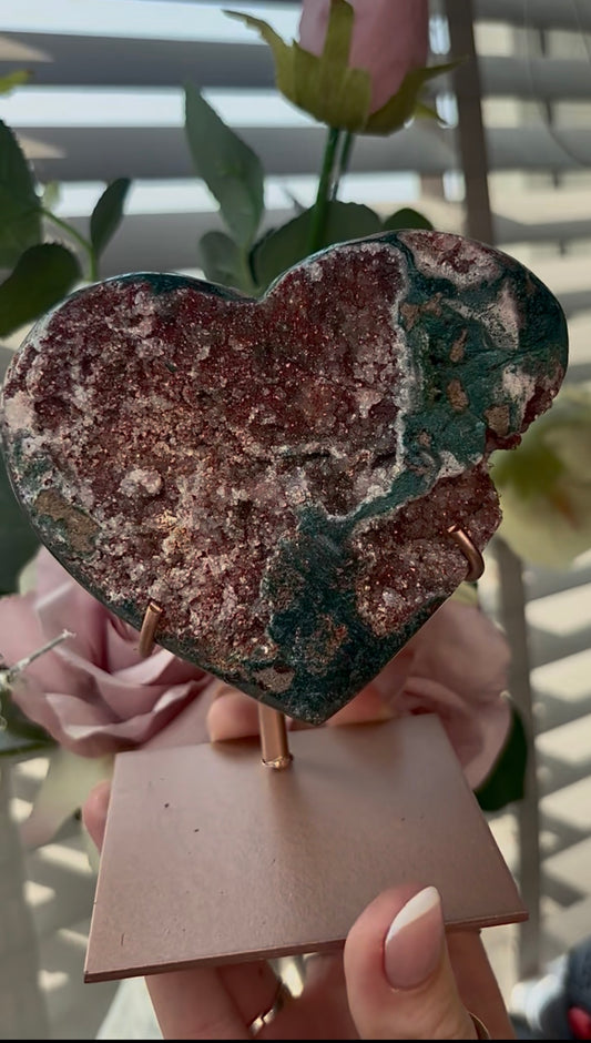 Gorgeous, high quality, pink amethyst heart with Jasper - comes with stand