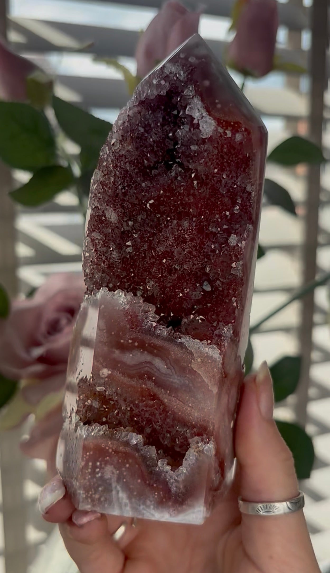 Incredible, high quality, Pink amethyst tower in red tones with sugar druzy