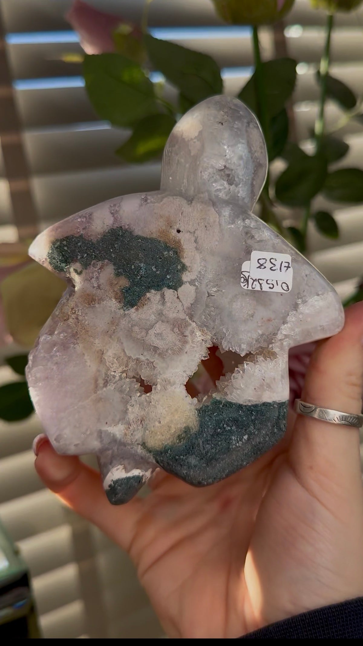 High grade, pink amethyst with Jasper sea turtle carving