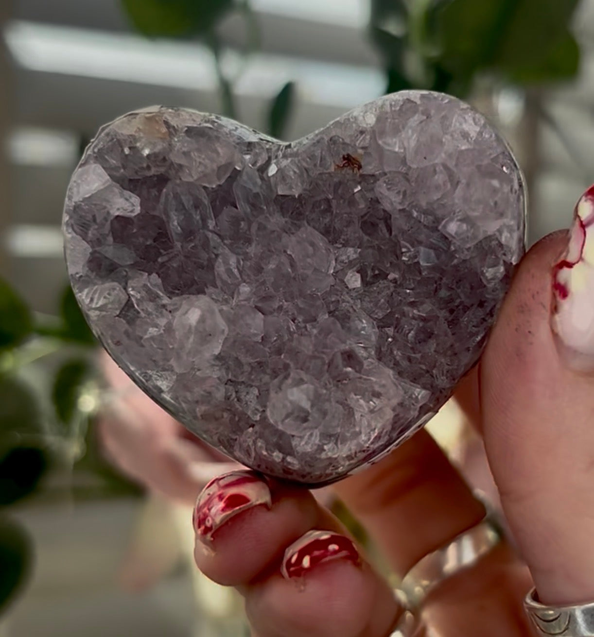 Mini, chunky, double sided, pink amethyst heart with purple quartz and jasper - comes with stand