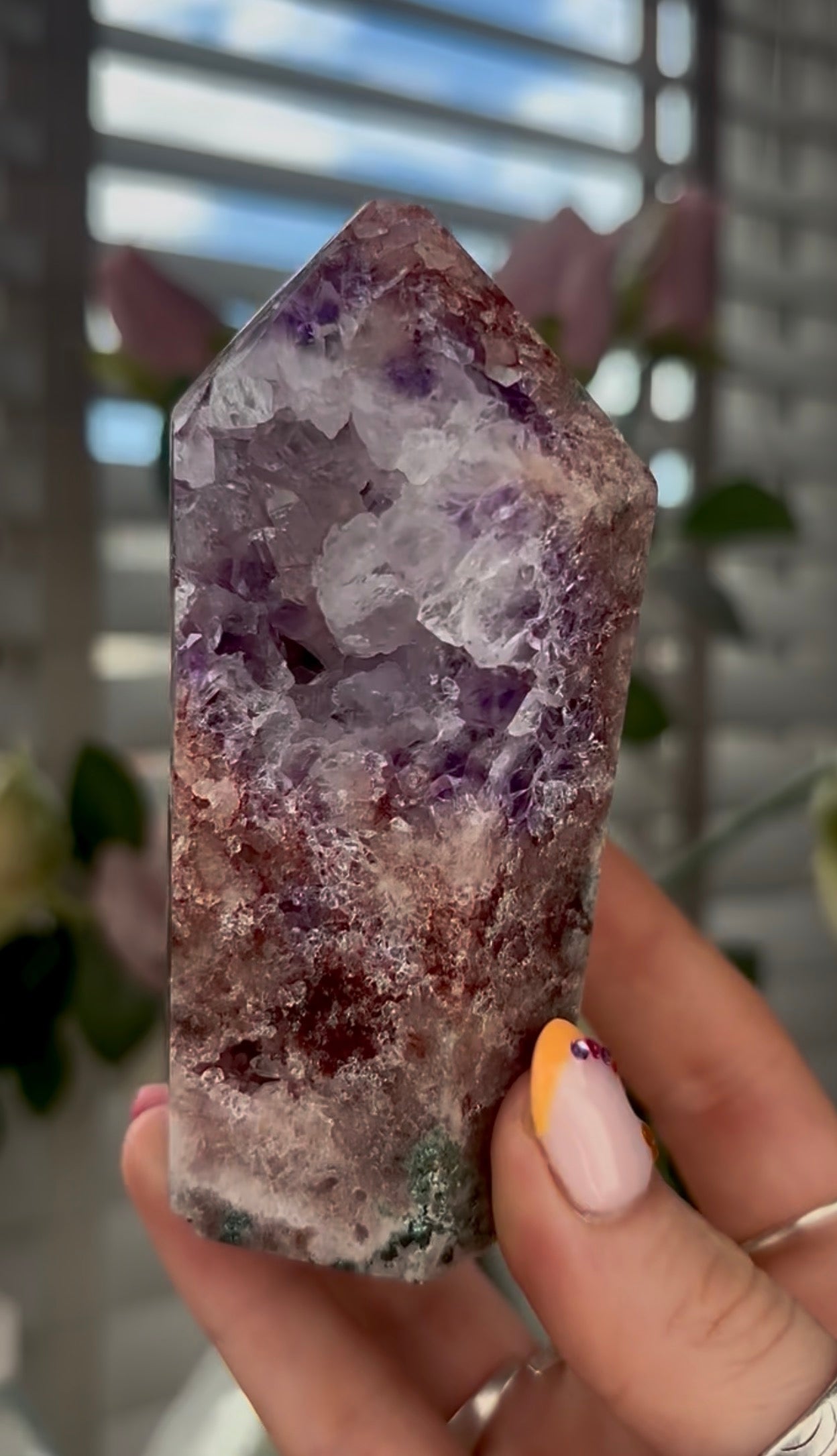 Beautiful, high quality, Pink amethyst tower with purple & quartz druzy with green jasper