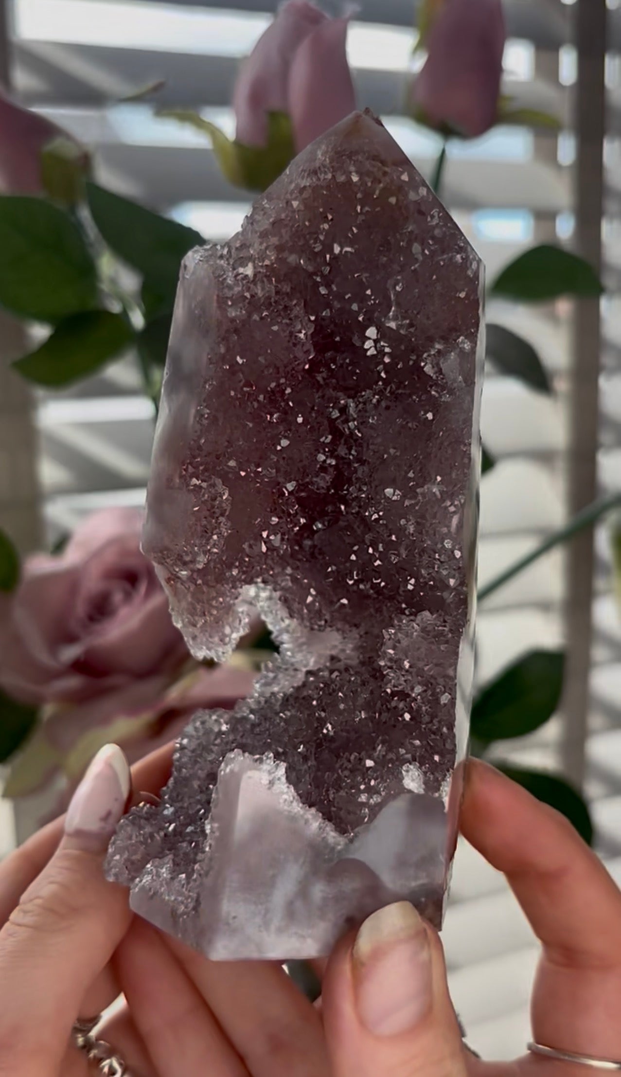Beautiful, high quality, Pink amethyst tower in lilac tones with sugar druzy