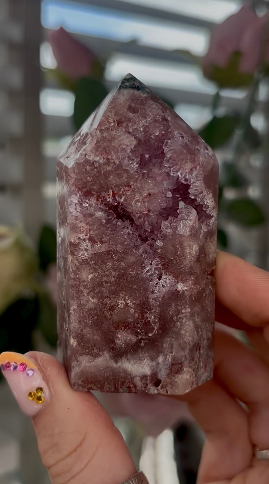Beautiful, Pink amethyst tower with quartz druzy