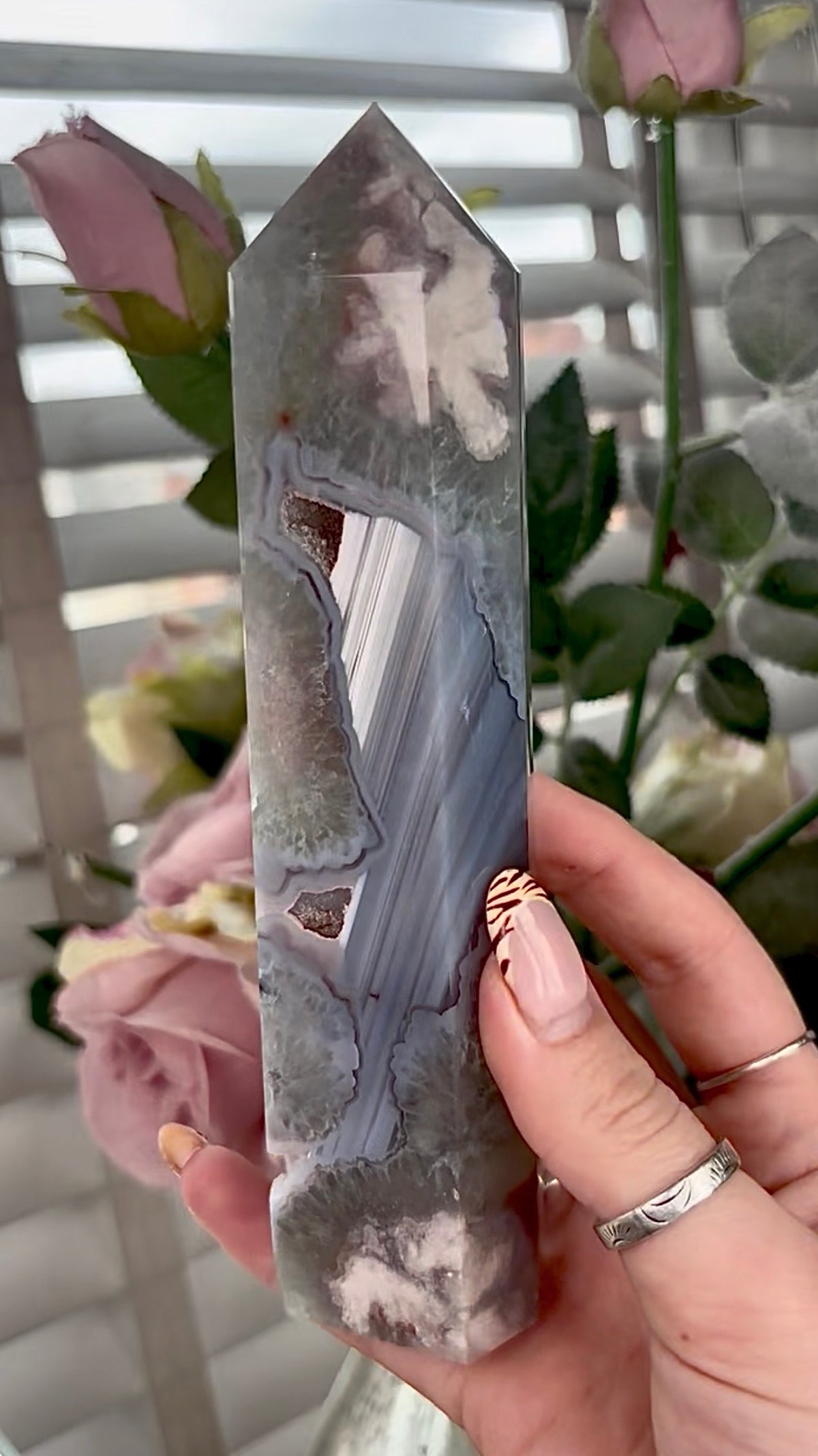 Stunning!! Super high quality, Druzy, green chlorite x blue flower agate tower