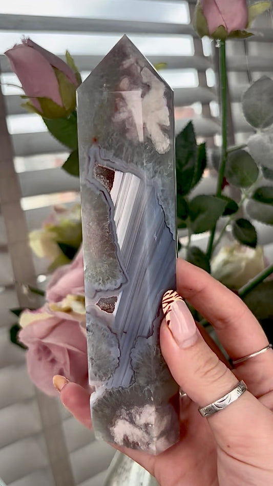 Stunning!! Super high quality, Druzy, green chlorite x blue flower agate tower