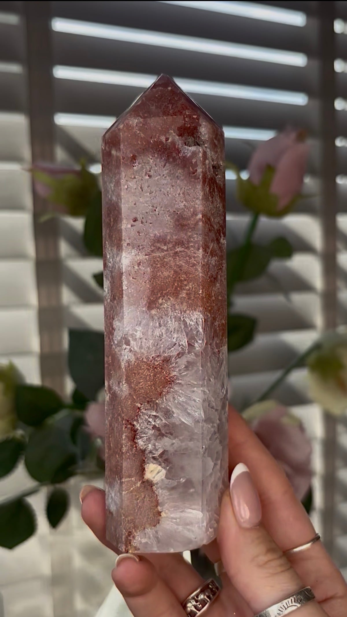 Beautiful, high quality, Pink amethyst tower 15.2cm(h) by 4cm(w)