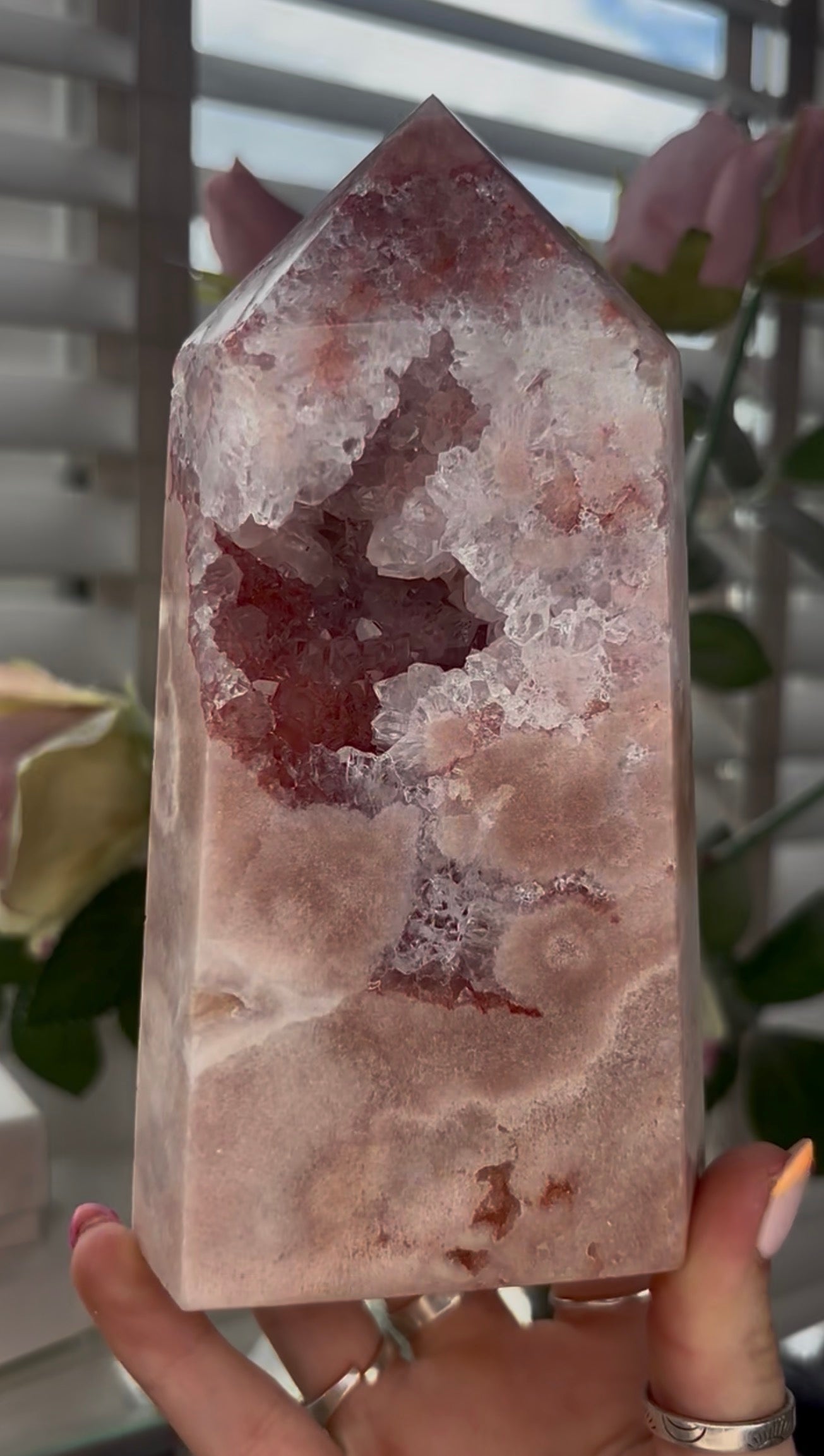 Pretty, large, high quality, Pink amethyst tower in a peach tone with quartz Druze