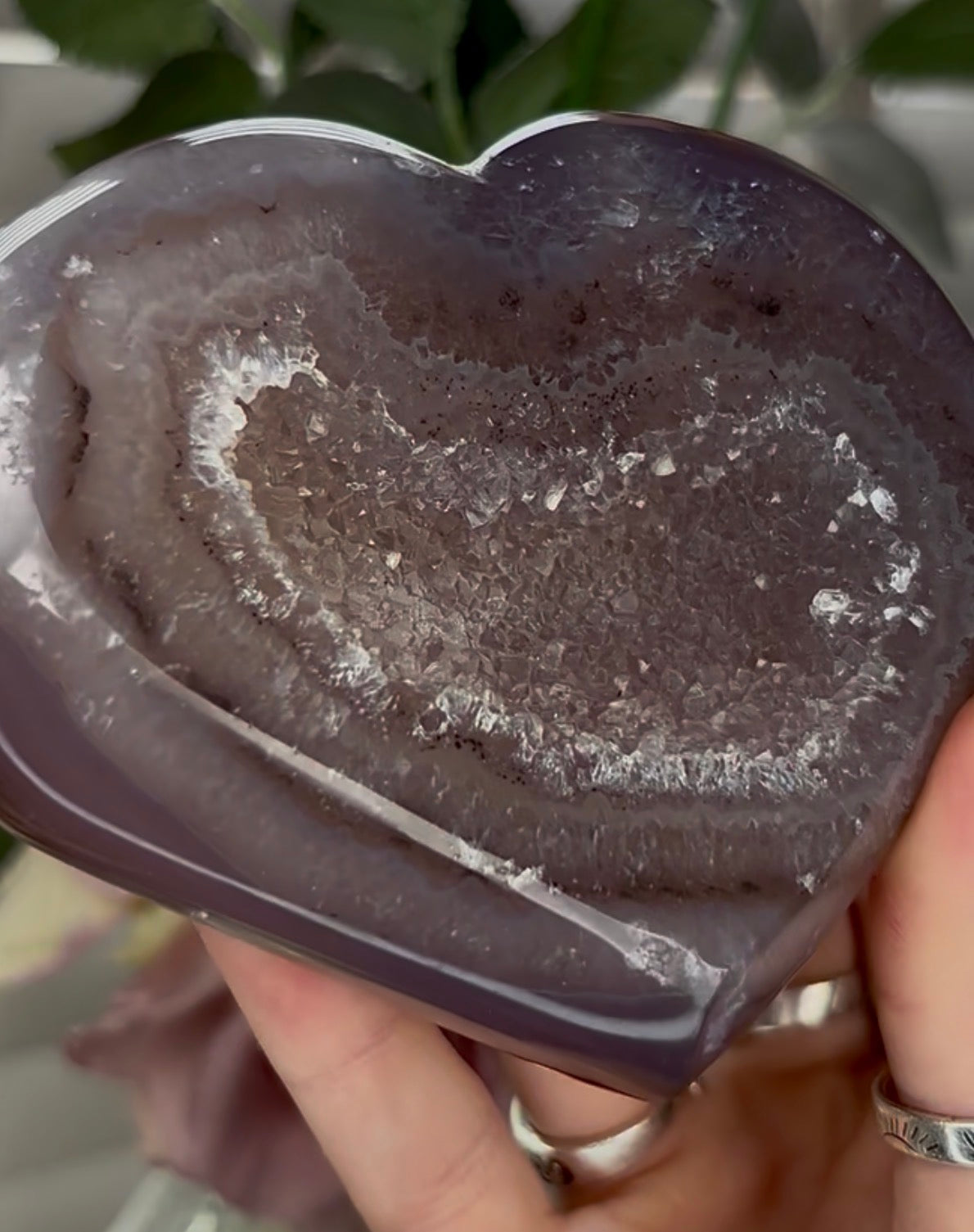 Beautiful, high grade, agate heart with druzy - comes with stand
