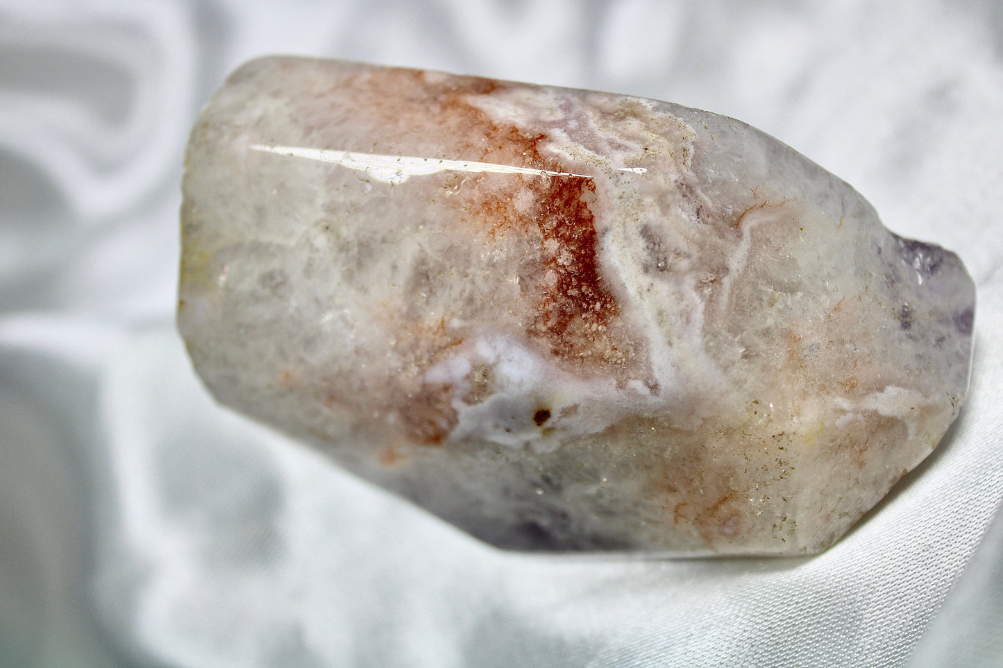 Polished, amethyst x flower agate freeform with crackle quartz 203g 8cm by 5cm