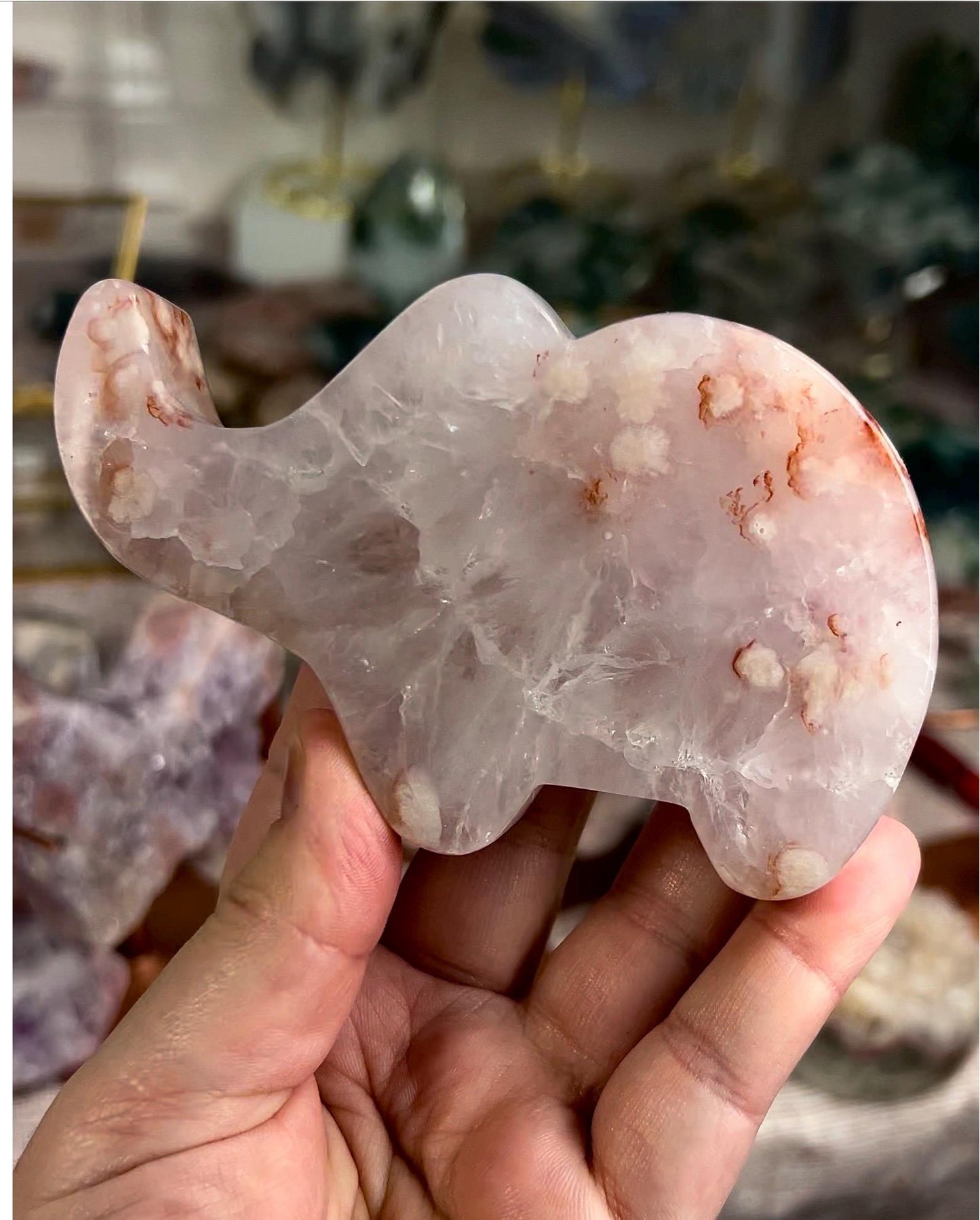 High grade, pink flower agate with high grade, quartz, freestanding, elephant