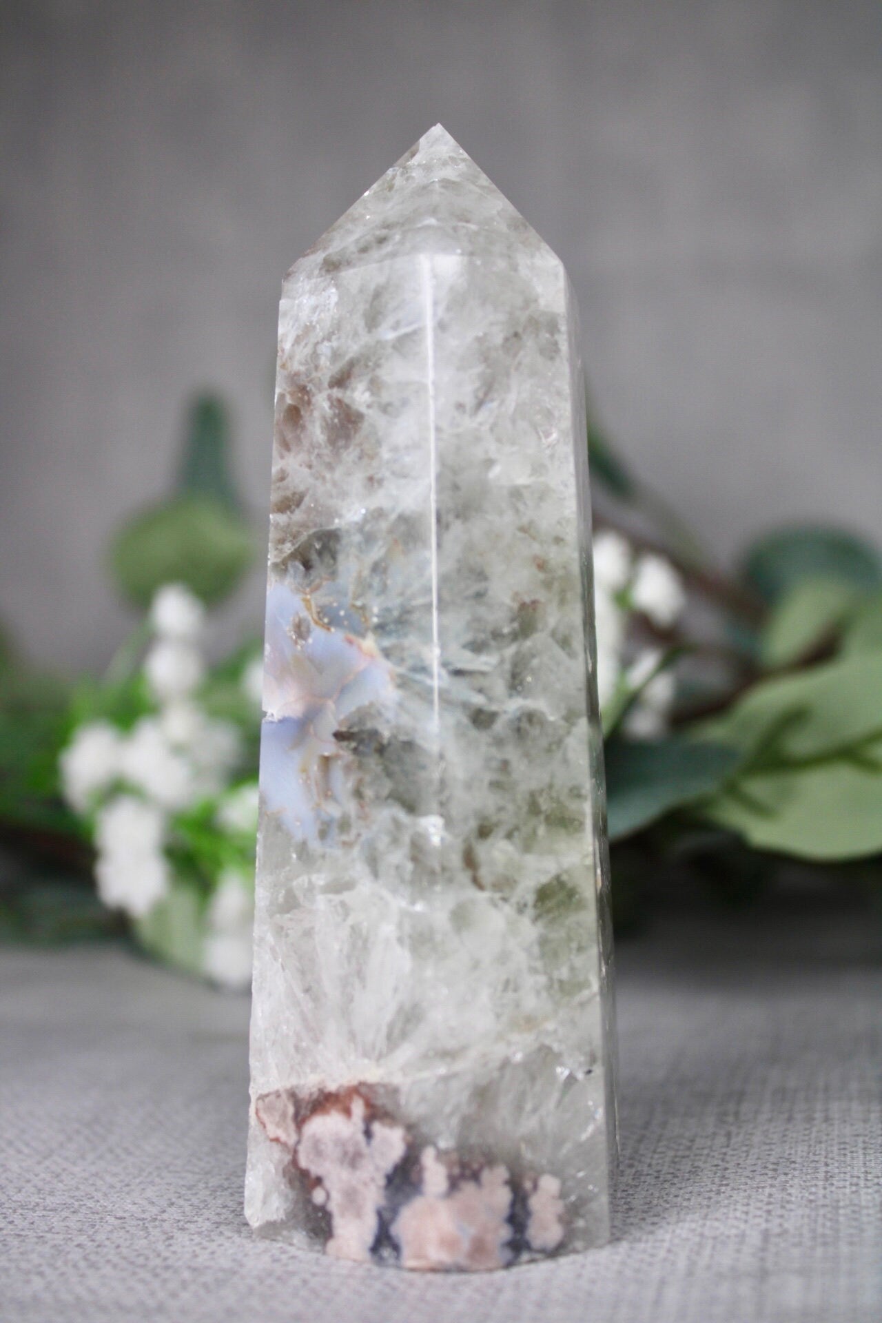Green, Chlorite quartz, flower agate tower 325g 12cm (H) 4.5cm (W)