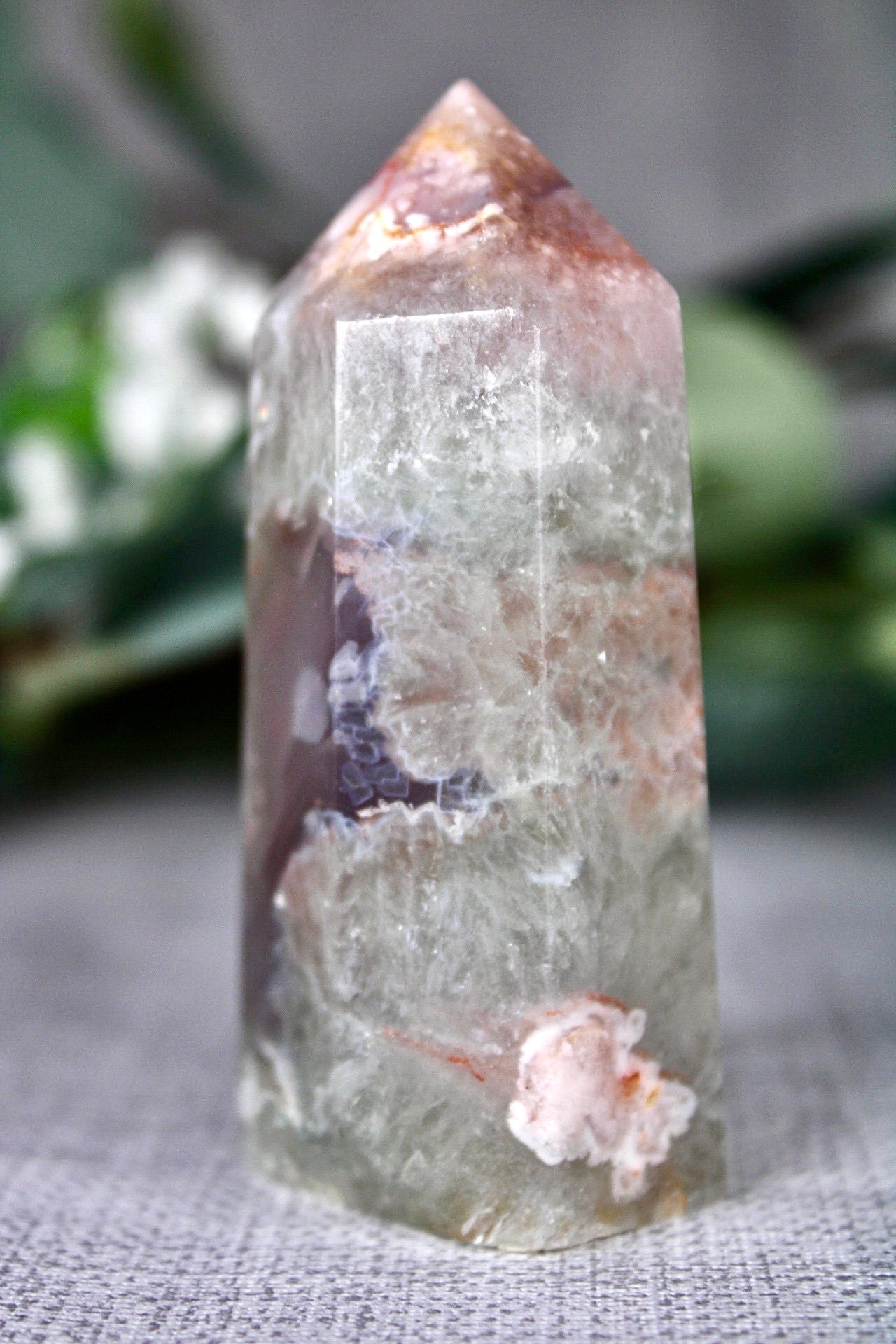 Chlorite flower agate, 6 sided, polished tower 145g 8cm