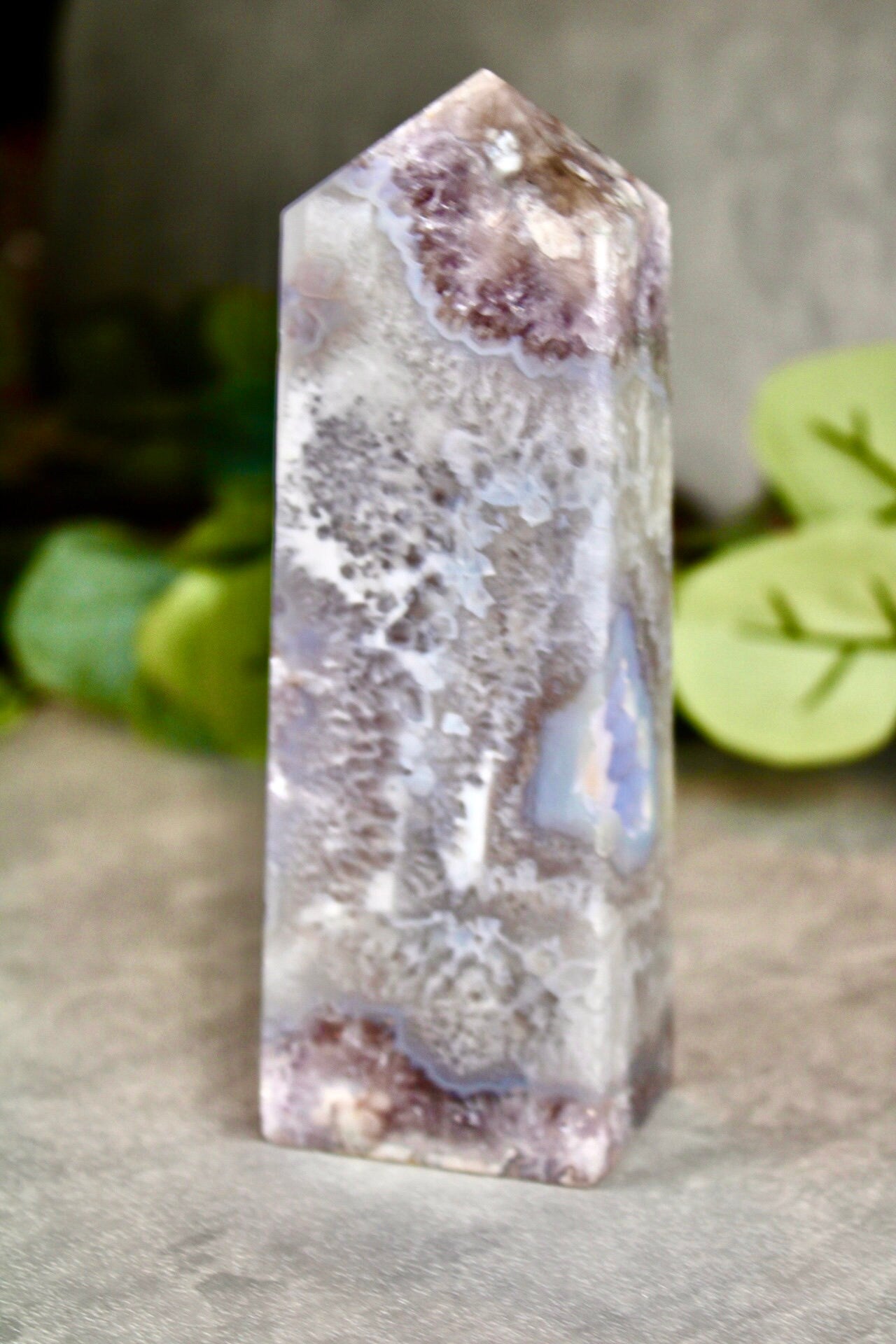 New find! Rare find! Gorgeous, chlorite, green flower agate with amethyst tower
