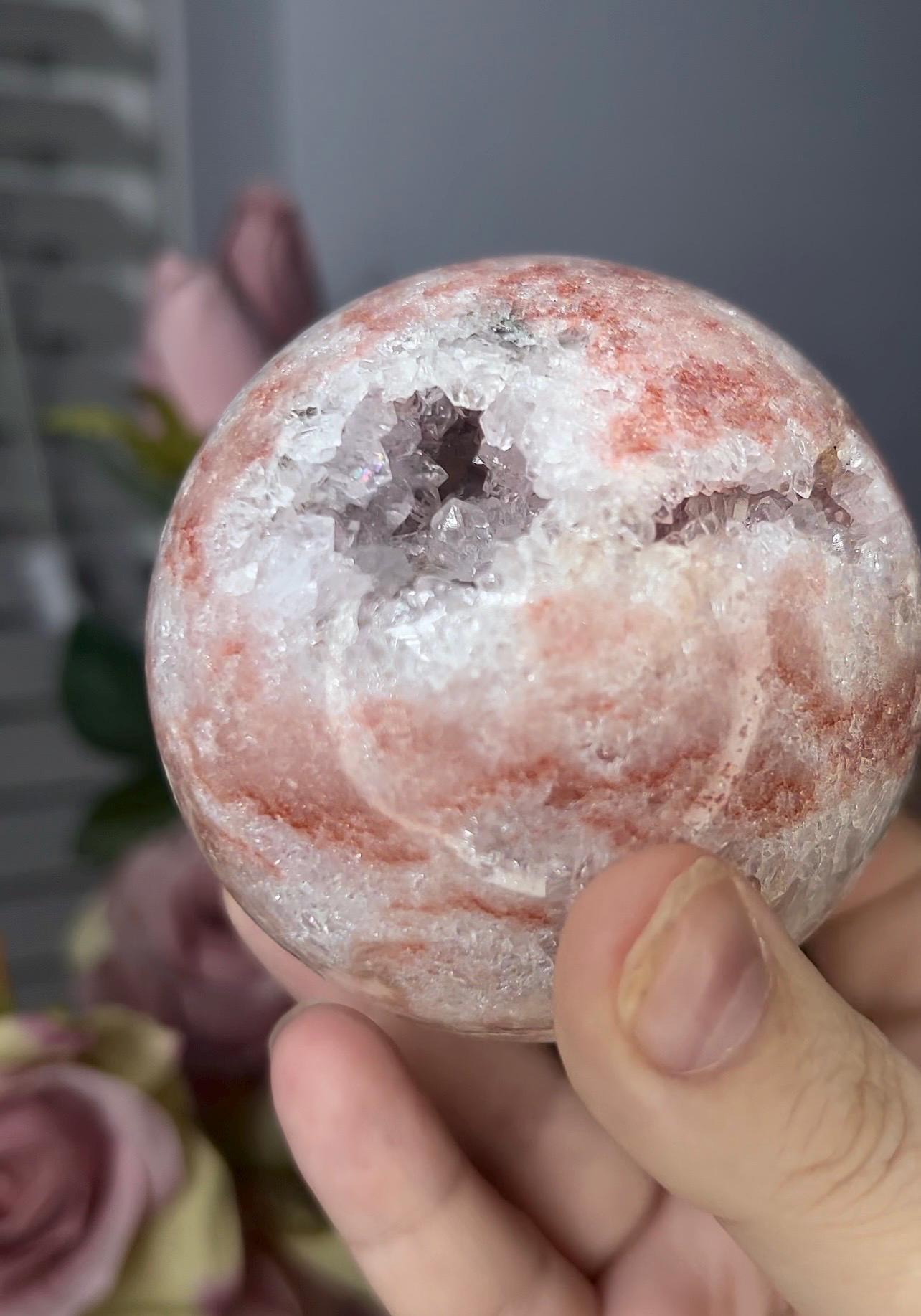 High grade, pink amethyst sphere with quartz 555g