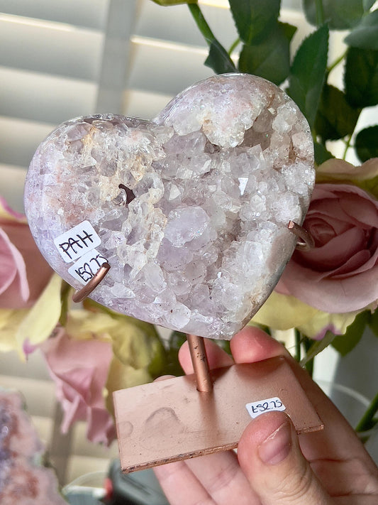 Pink amethyst heart on stand