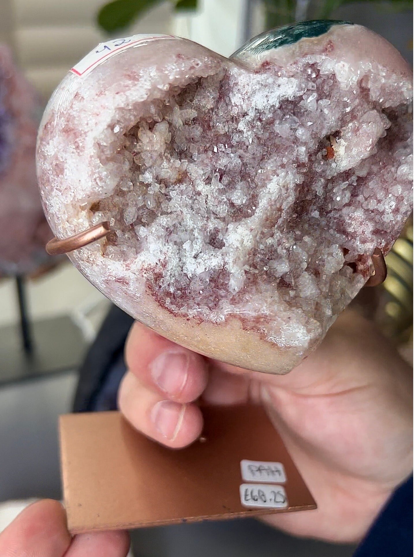 pink amethyst with red druzy and green jasper on a custom stand