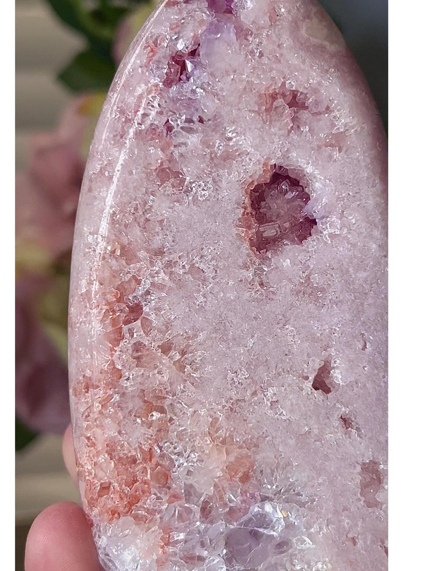 High grade, baby pink amethyst flame with red and purple druzy 315g