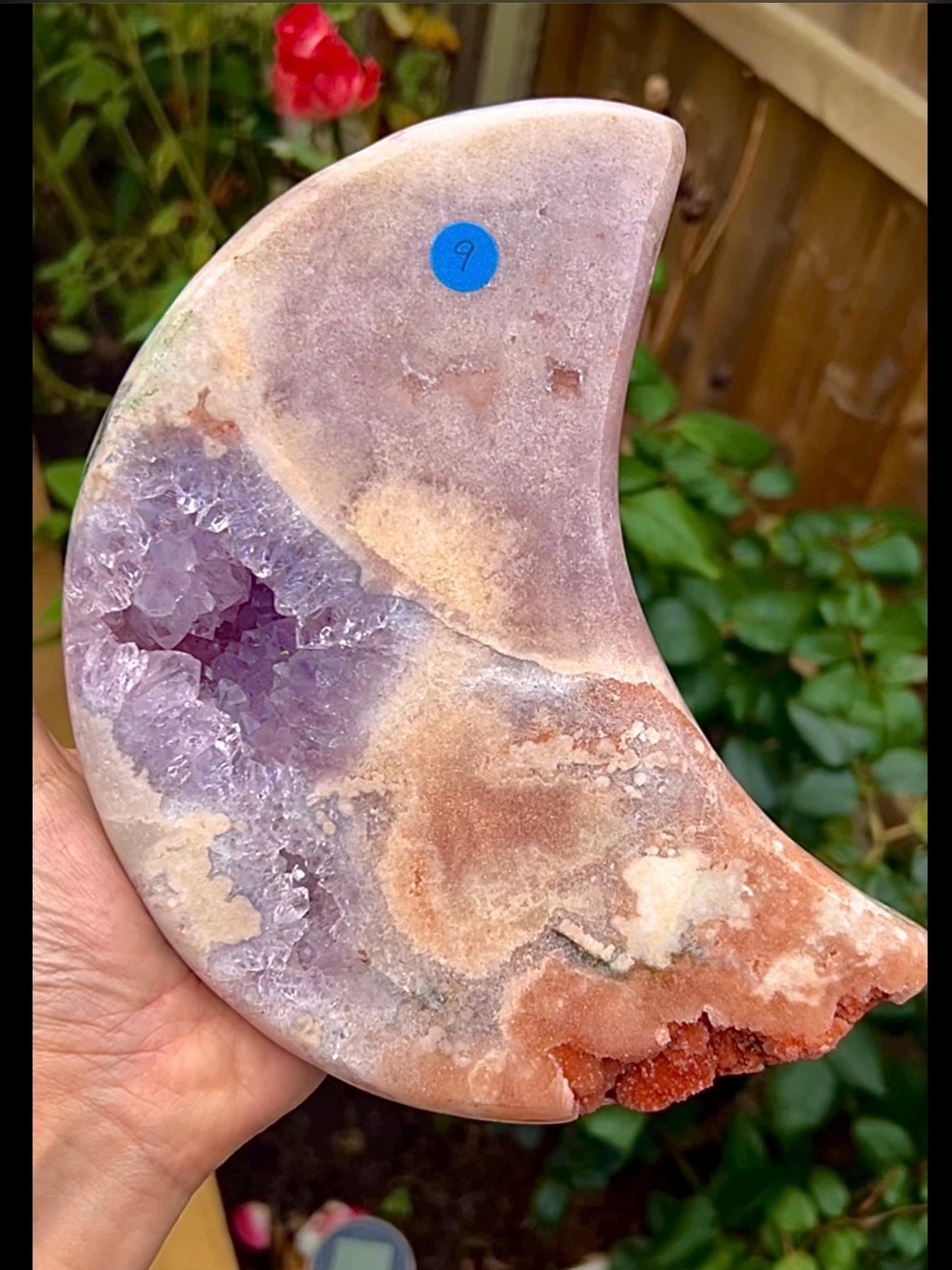High grade, pink amethyst moon with purple quartz & red sugar druze comes with custom stand