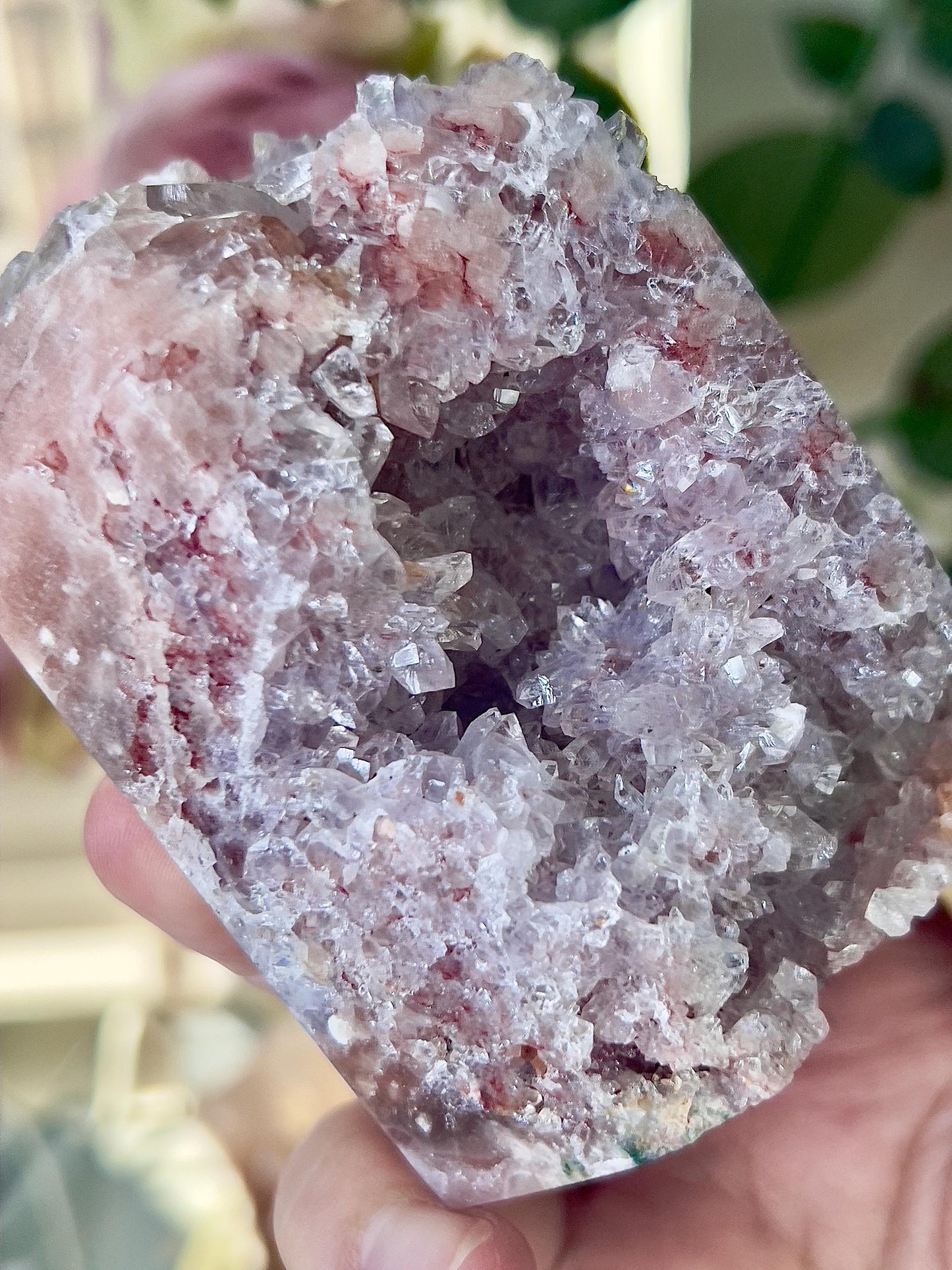 High grade, pink amethyst tower with high grade quartz druzy 370g