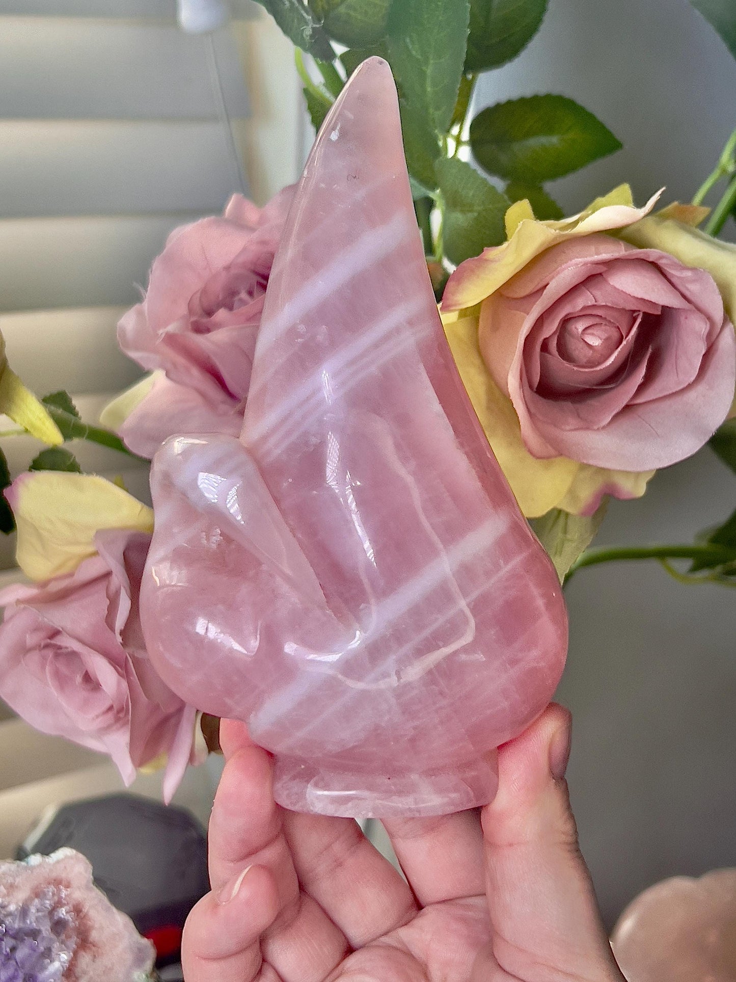 High grade, rose quartz swan carving