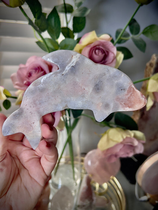 High grade, pink amethyst dolphin carving
