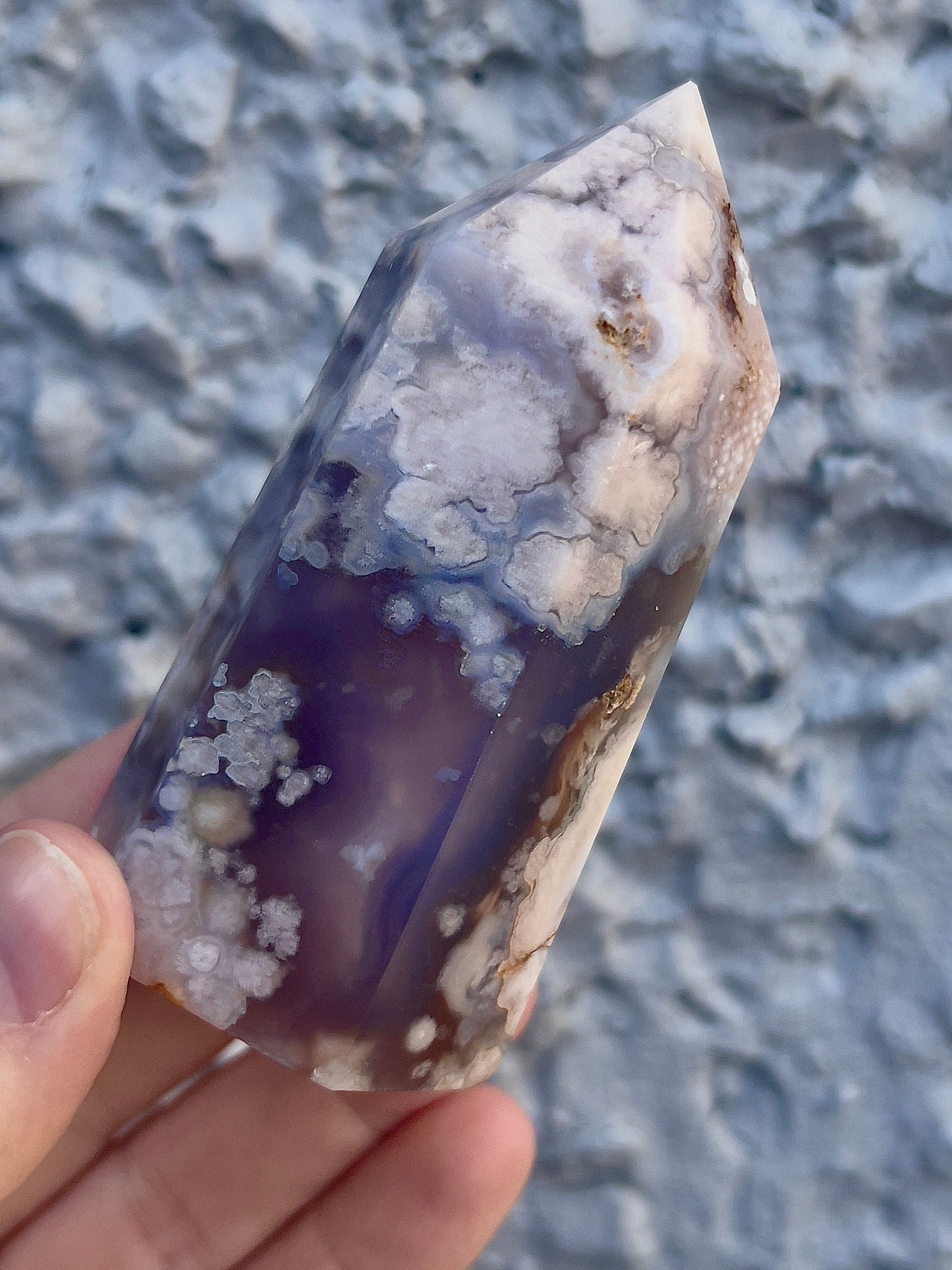 black flower agate tower with pink amethyst