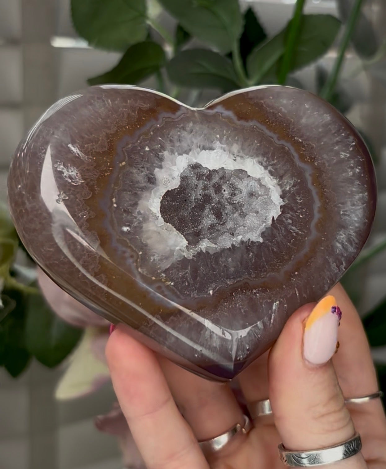 Beautiful, high grade, agate heart with druzy - comes with stand