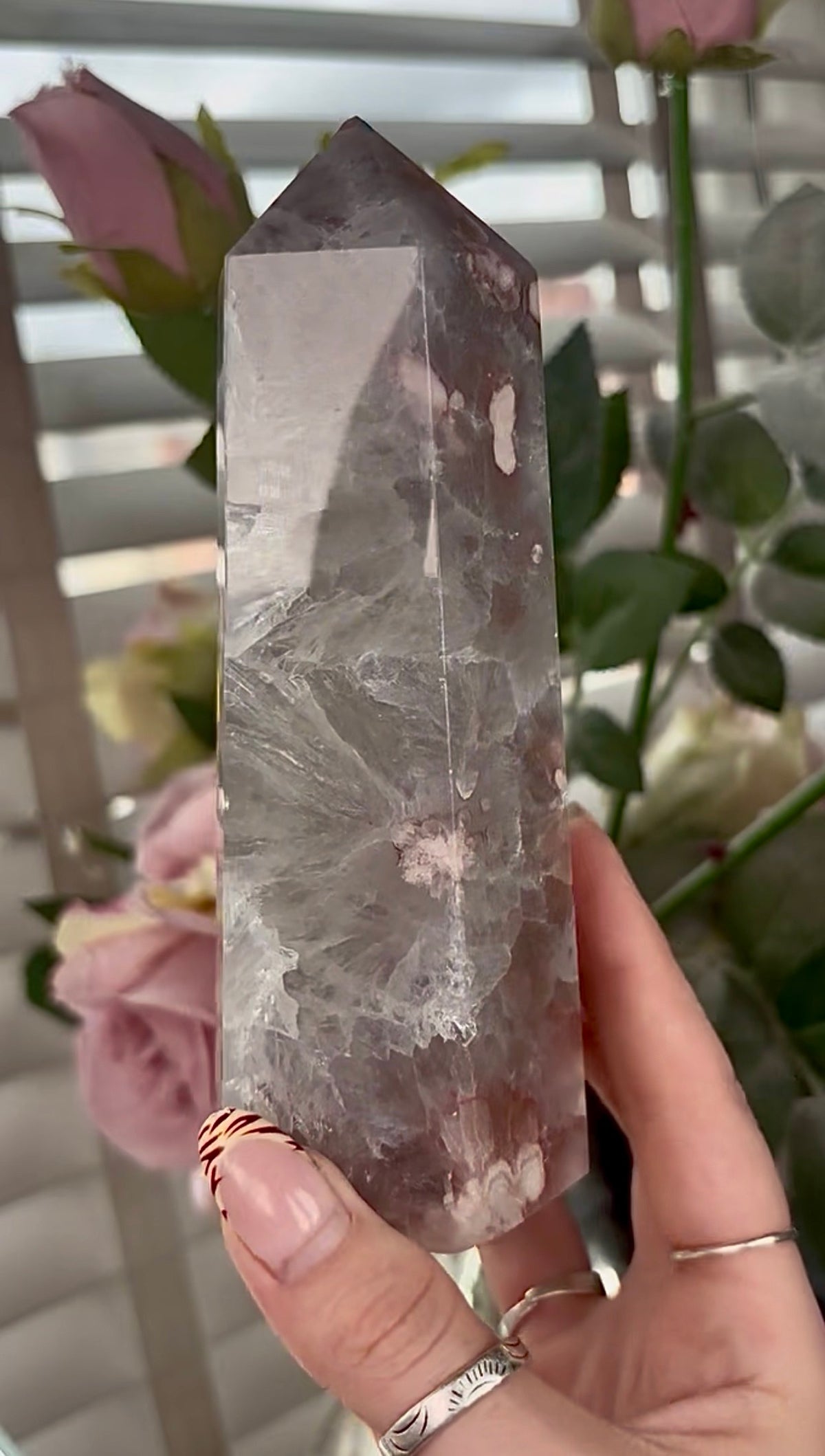 Stunning!! Super high quality, Druzy, green chlorite x blue flower agate tower