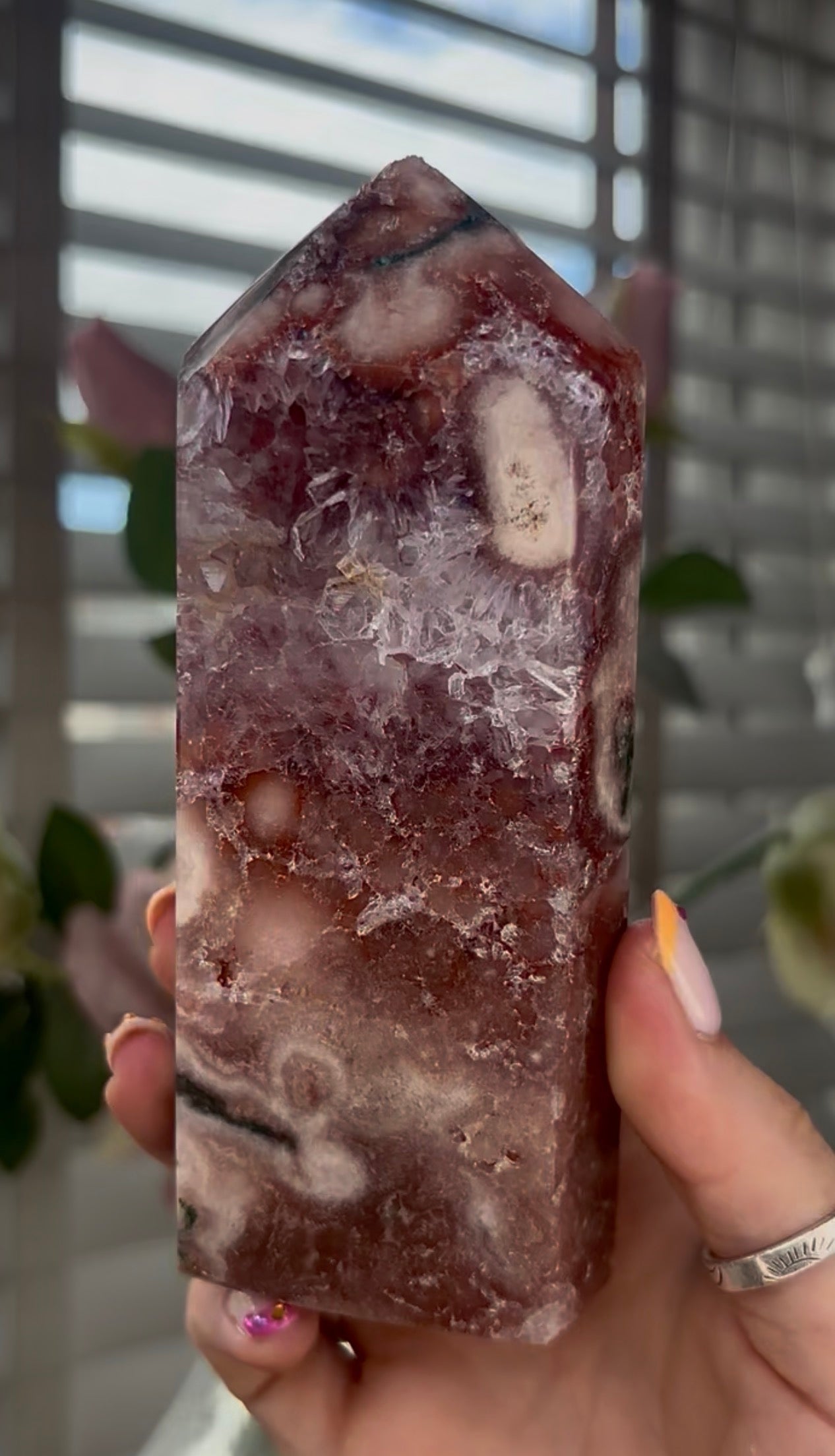 Beautiful, high quality, Pink amethyst tower with Green jasper