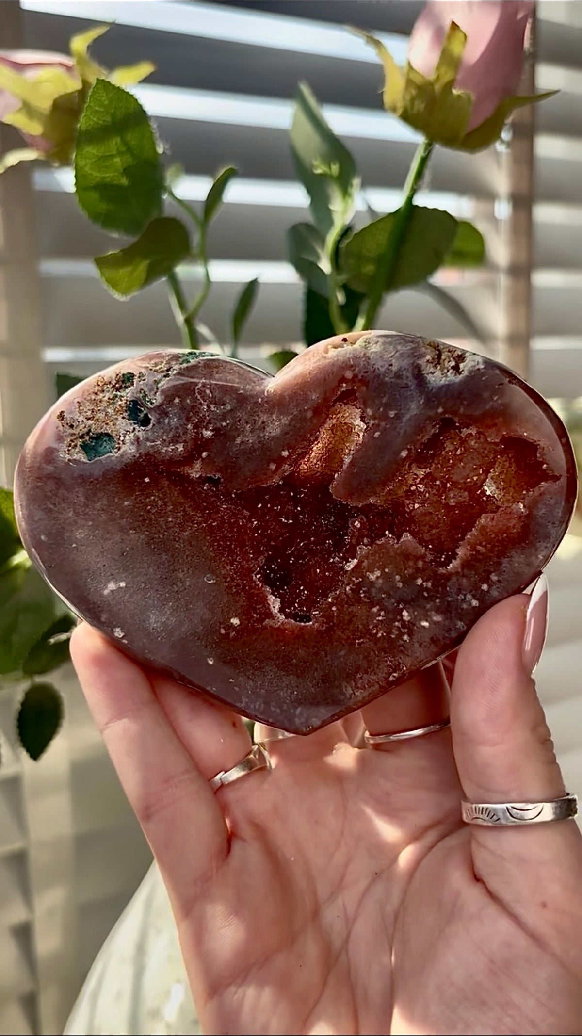 Gorgeous, high quality, berry red pink amethyst heart- comes with stand