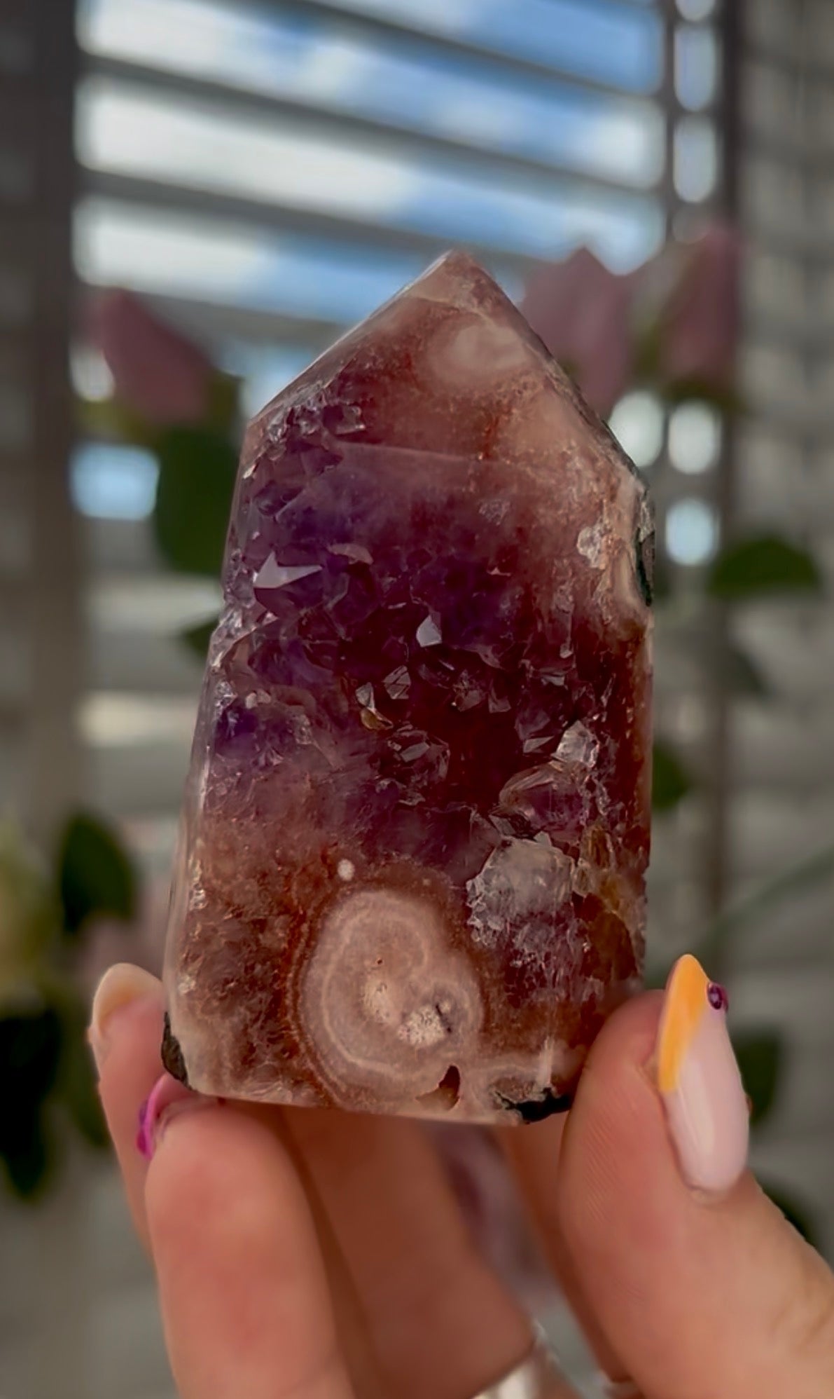 Beautiful, high quality, Pink amethyst tower with purple druzy & green jasper 6.8cm by 4cm